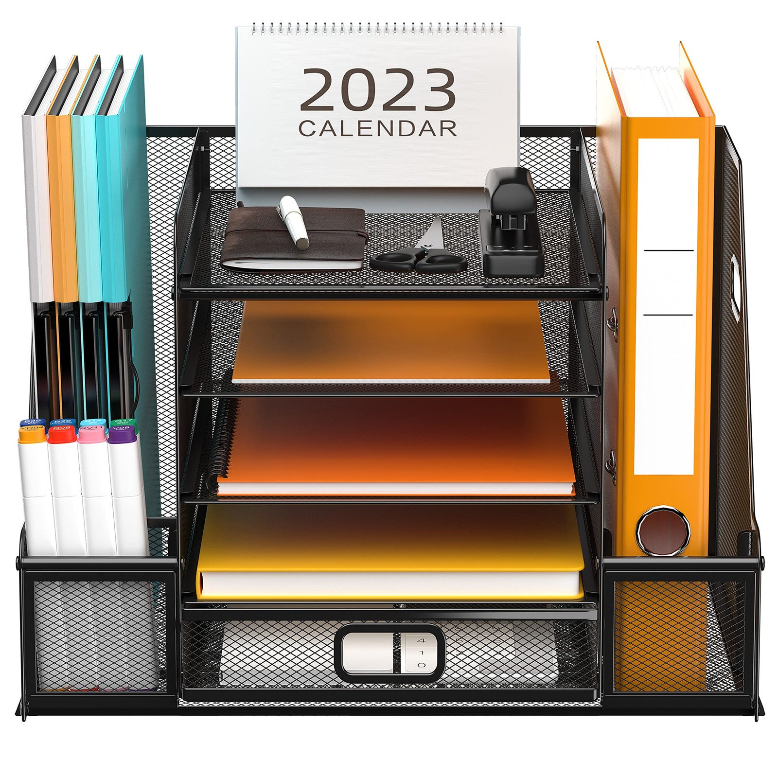 Modern Black Desk Organizer with 5-Tier Paper Letter Tray, Magazine Holder, D…