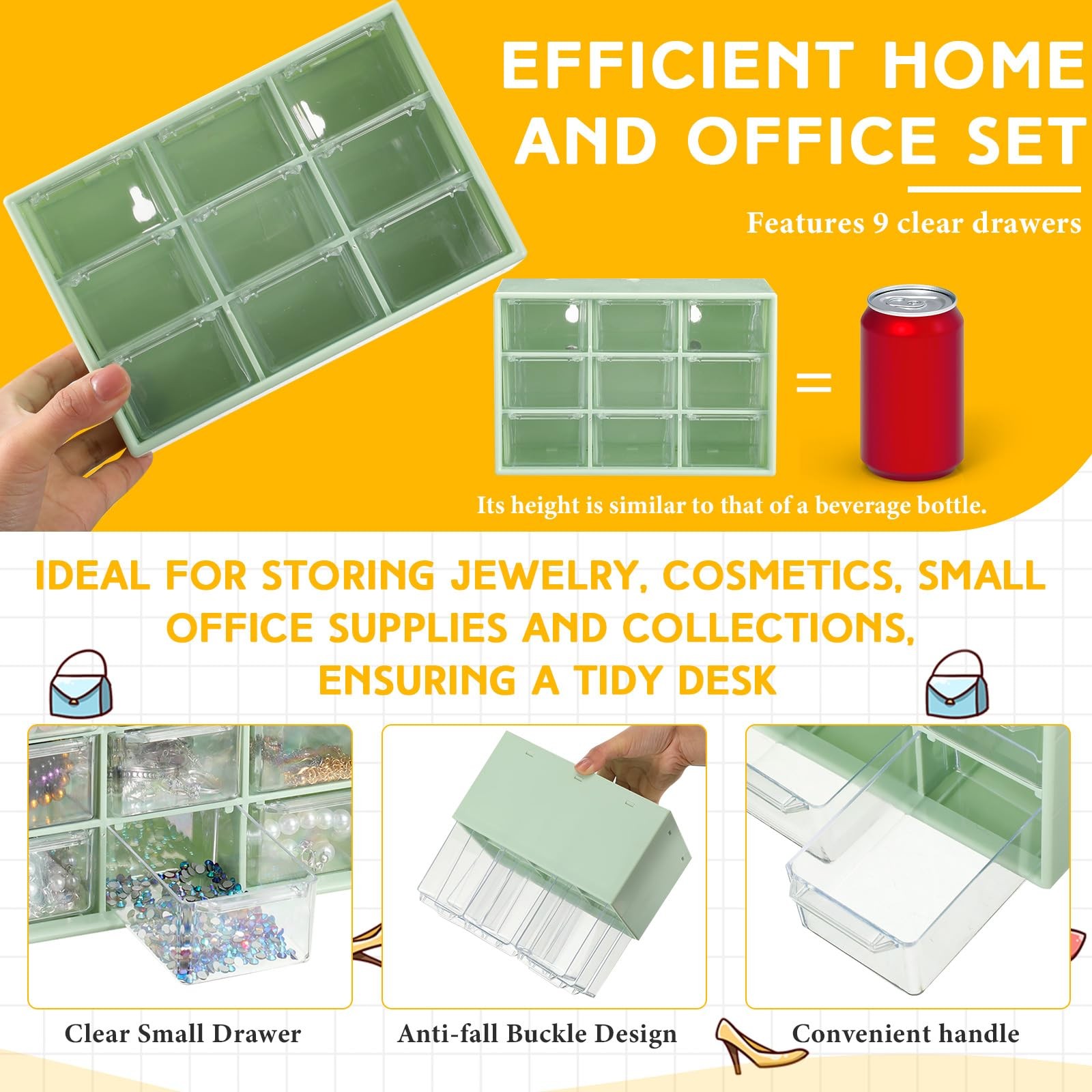 2 PCS Mini Storage Drawers Teacher Toolbox Craft Organizer 7×3.9×4.7 In Green