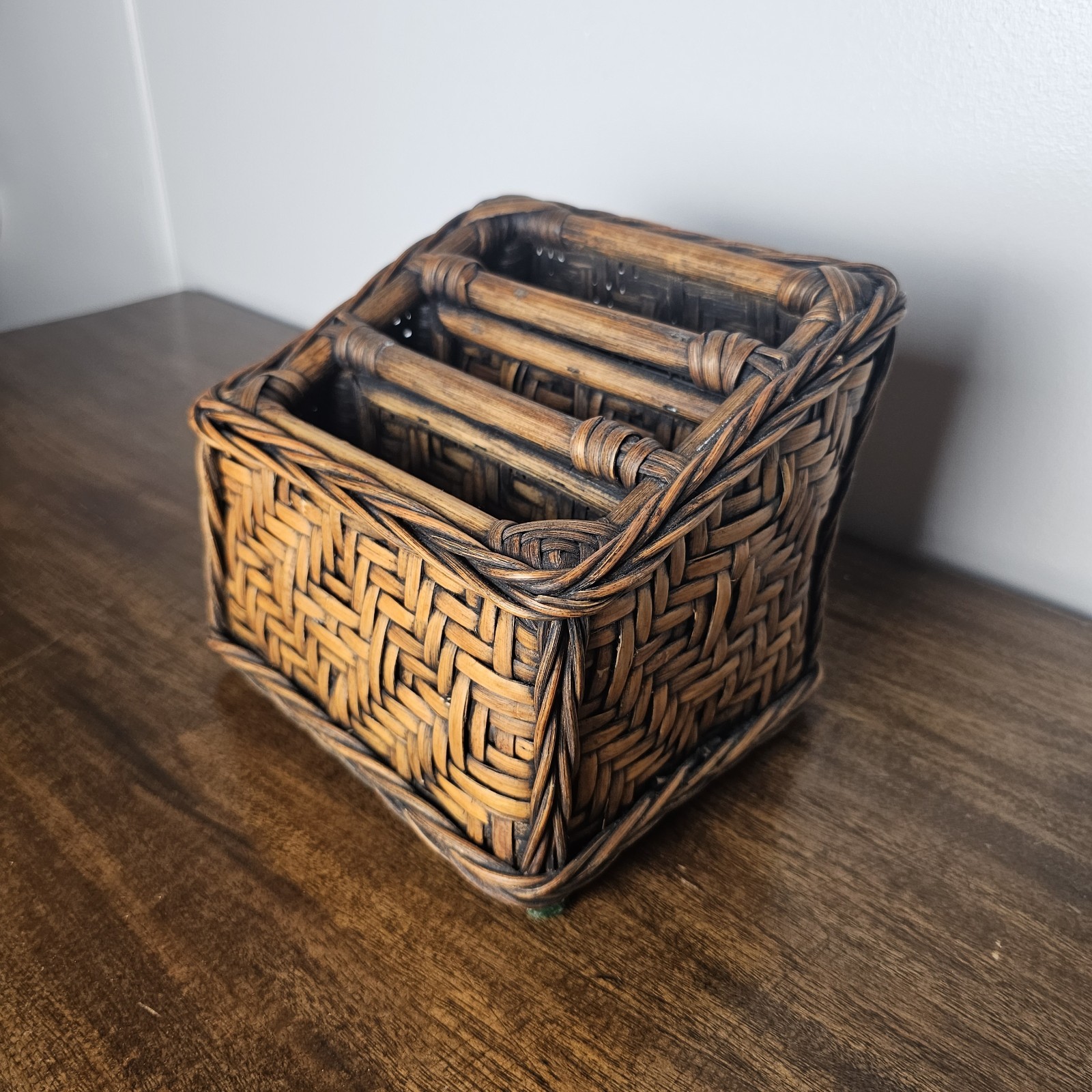 Boho Chic Woven Rattan Bamboo Desk Organizer 3 Compartment Vintage Storage