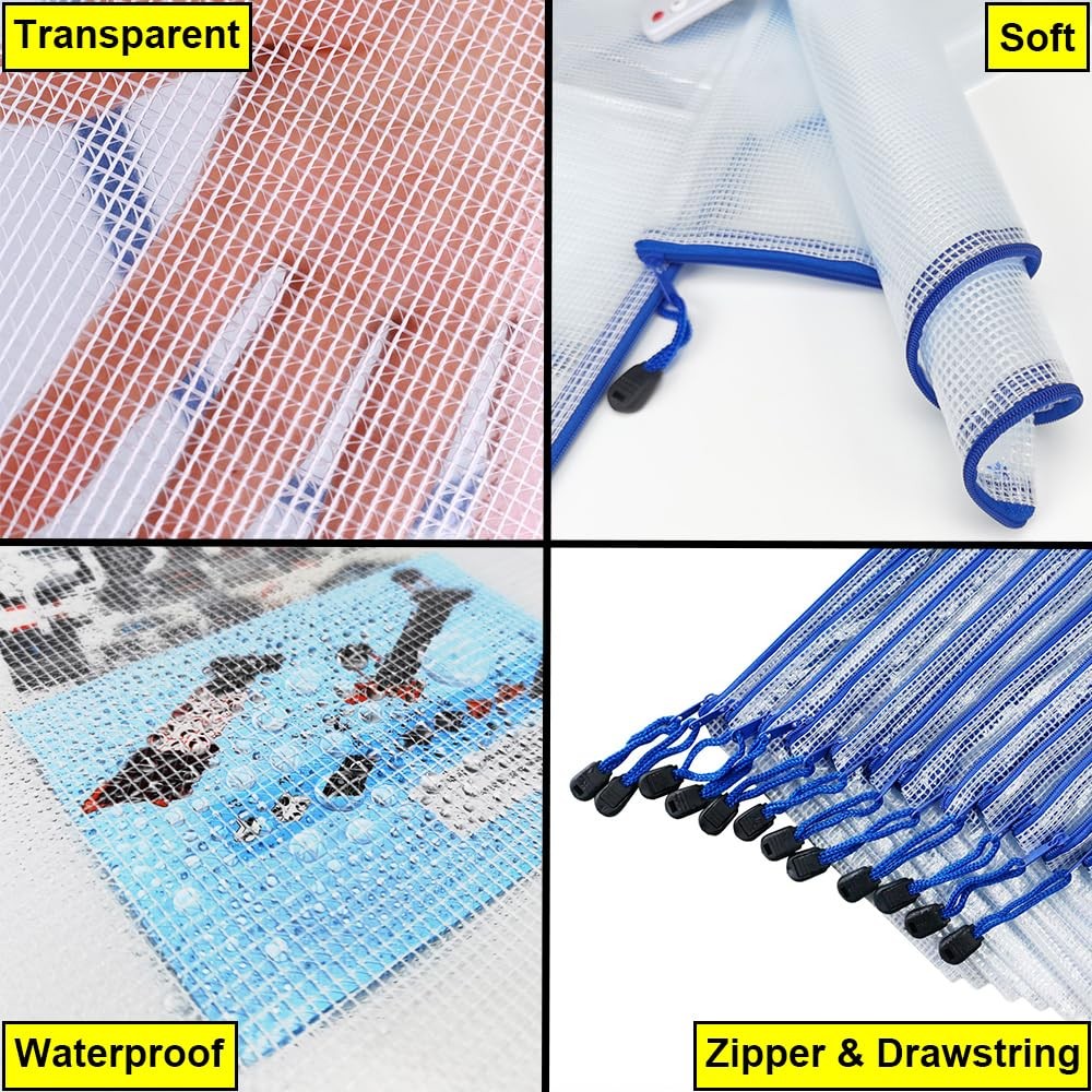 10 Pcs Zipper File Bags, Waterproof Plastic Mesh Pouch for Office School, Boa…