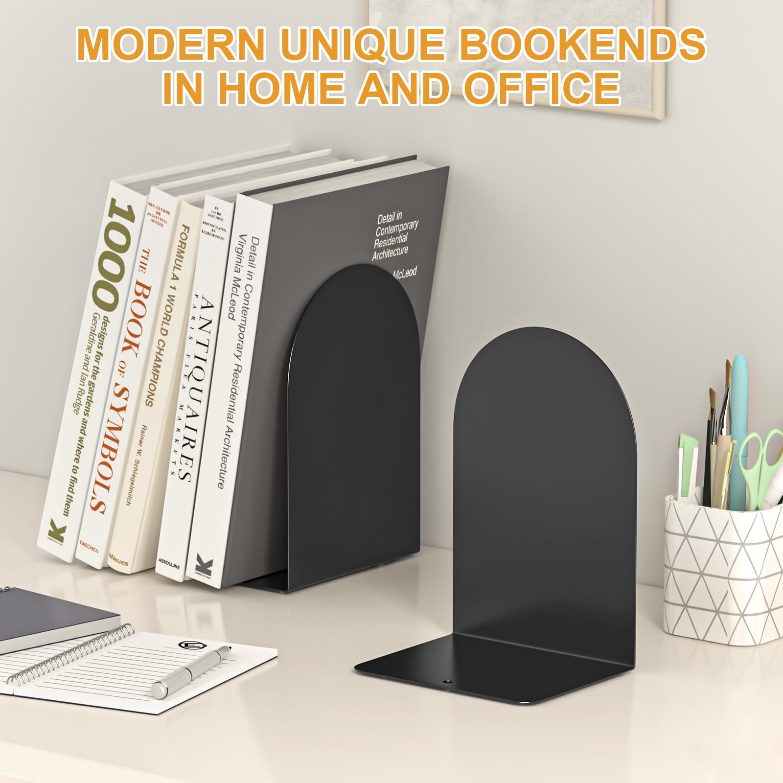 ALOTCHE Bookends 1 Pair, Metal Round for Shelves, Book Ends Black