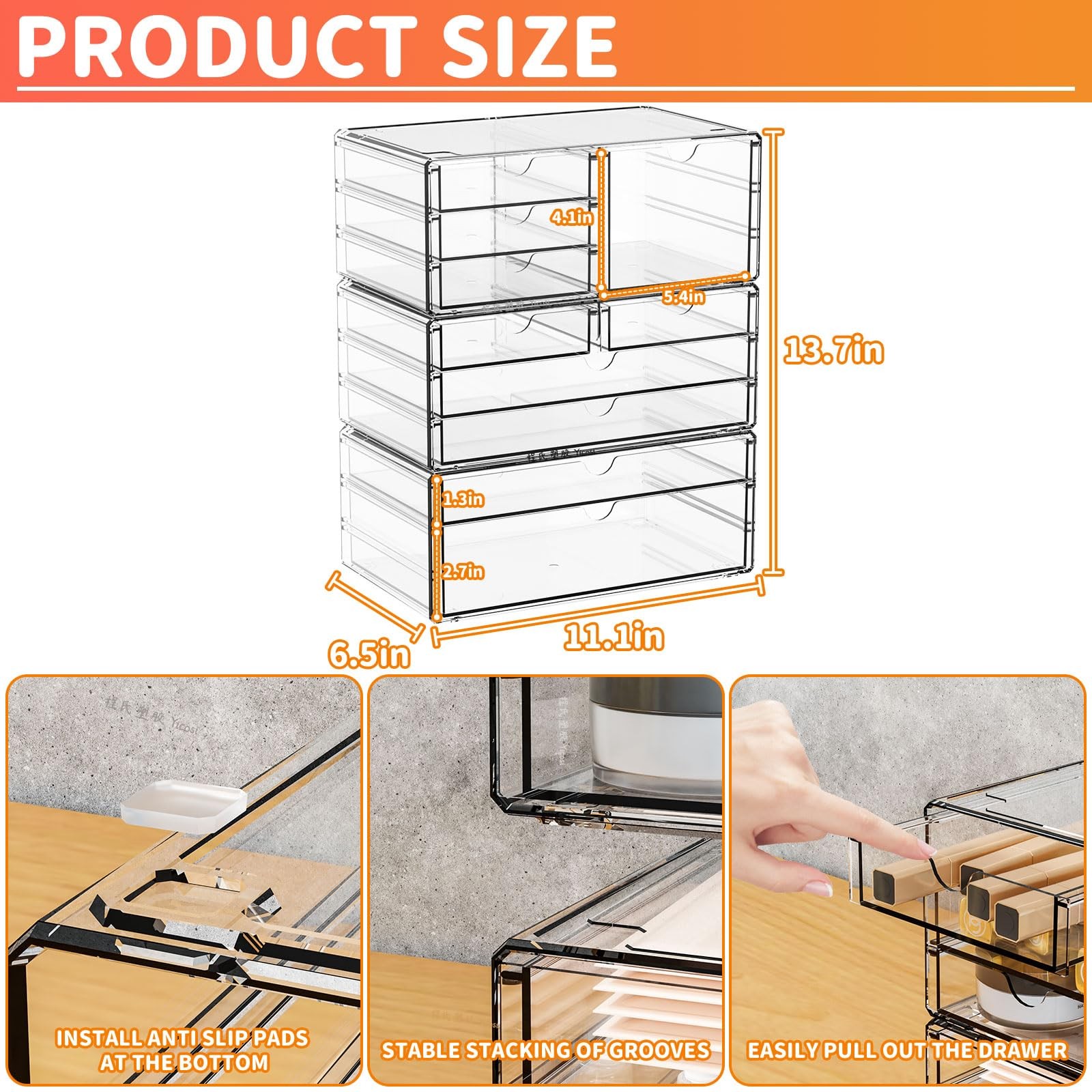 Yieach 3Pack Clear Drawer Organizers Stackable,Acrylic Storage Drawers With 1…