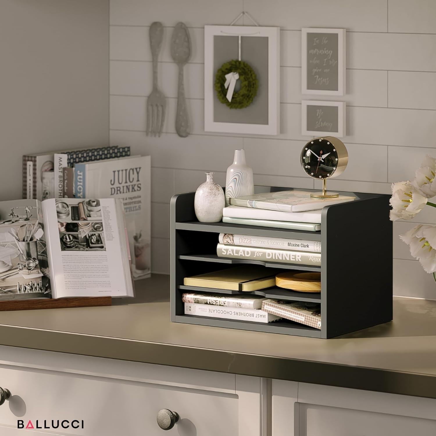 4-Tier Modern Black Desk Organizer – Open Top Paper Tray for Stylish Offices