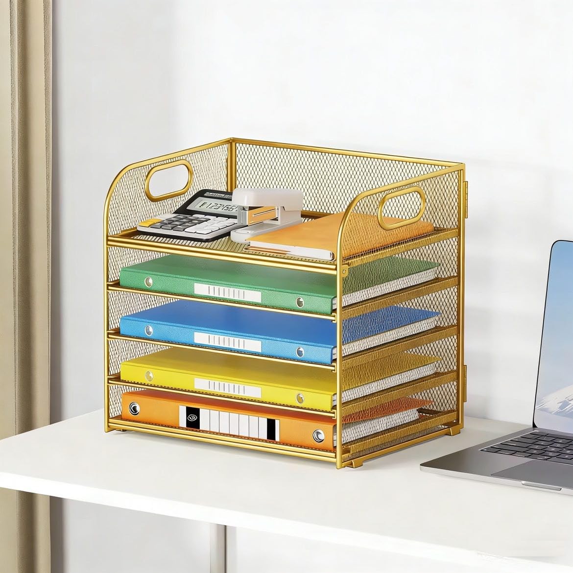 Lavatino Desk Paper Organizer Trays, Gold 5-Tier Mesh File Folder Sorter with