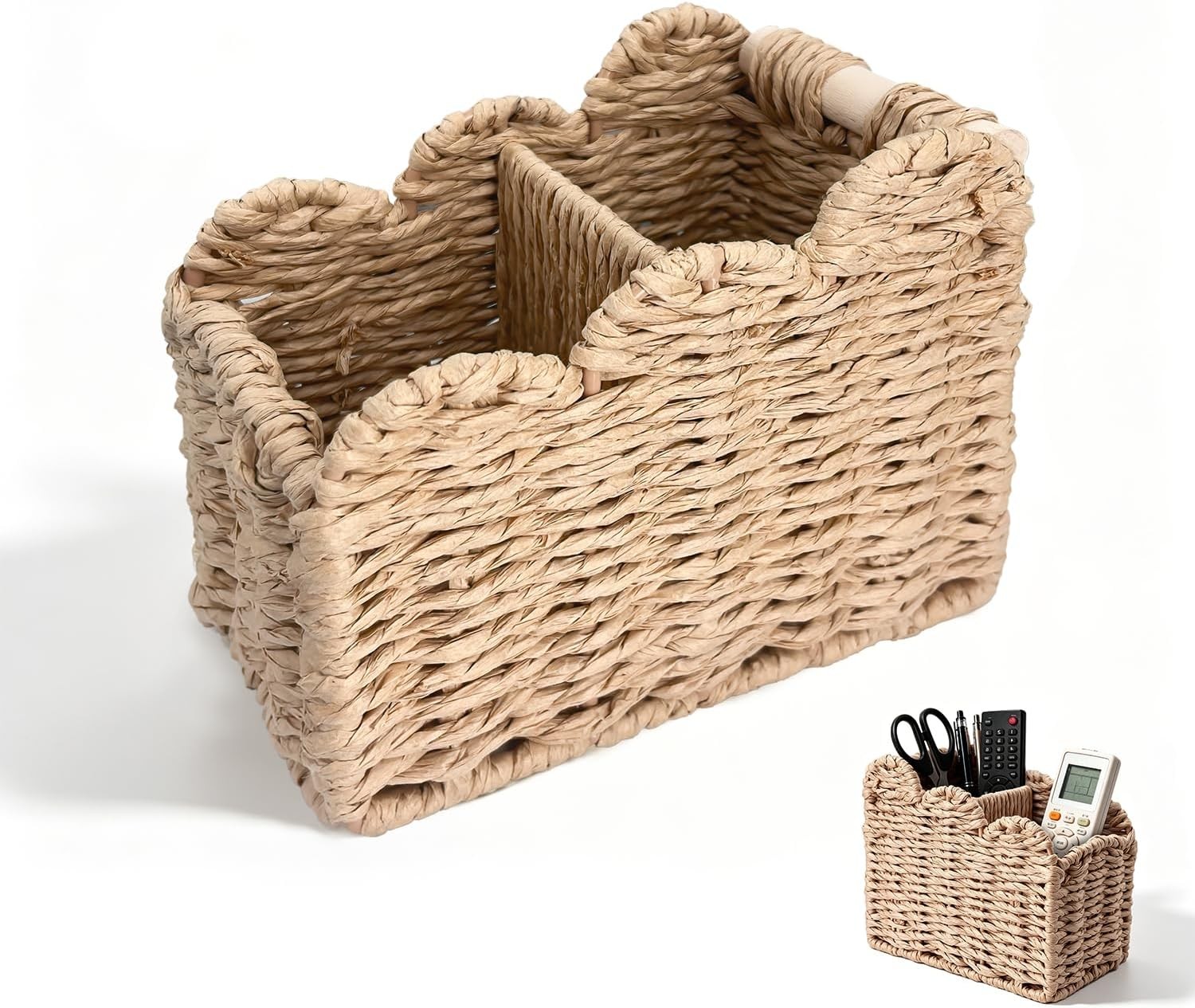 Remote Control Holder 2-Slot Paper Rope Woven Desk Organizer Caddy W/ Scalloped