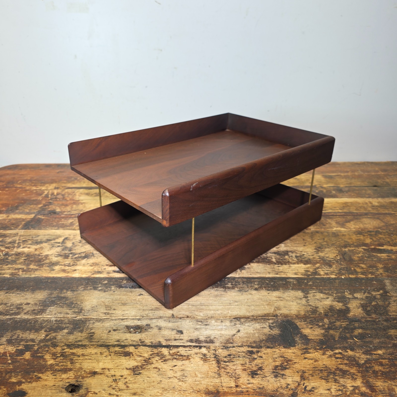 Vintage Carver Wood Products Desk Letter Tray 2 Tier Cherry Oak MCM Damage USA