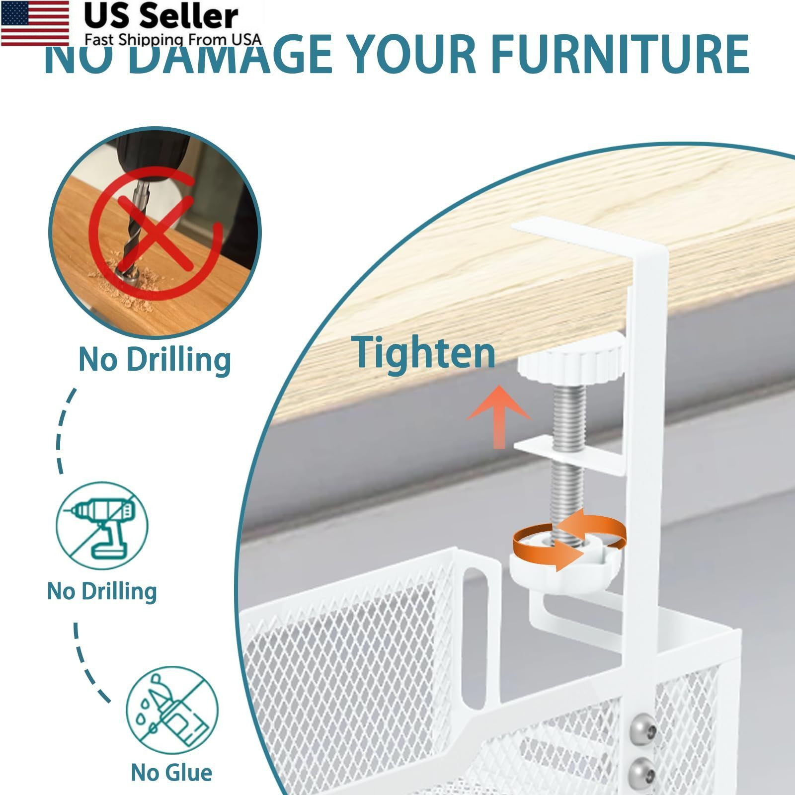 Under Desk Cable Management Tray, No Drill Mesh 1Pack-White (15.3”)