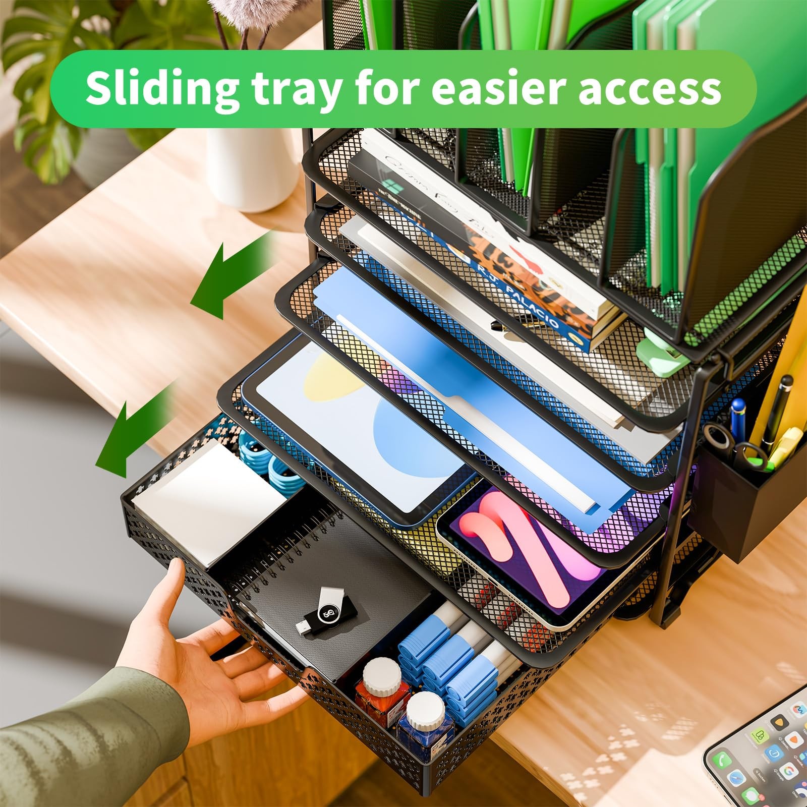 5 Tier Mesh Desk File Organizer Paper Letter Tray Sliding Drawer Black