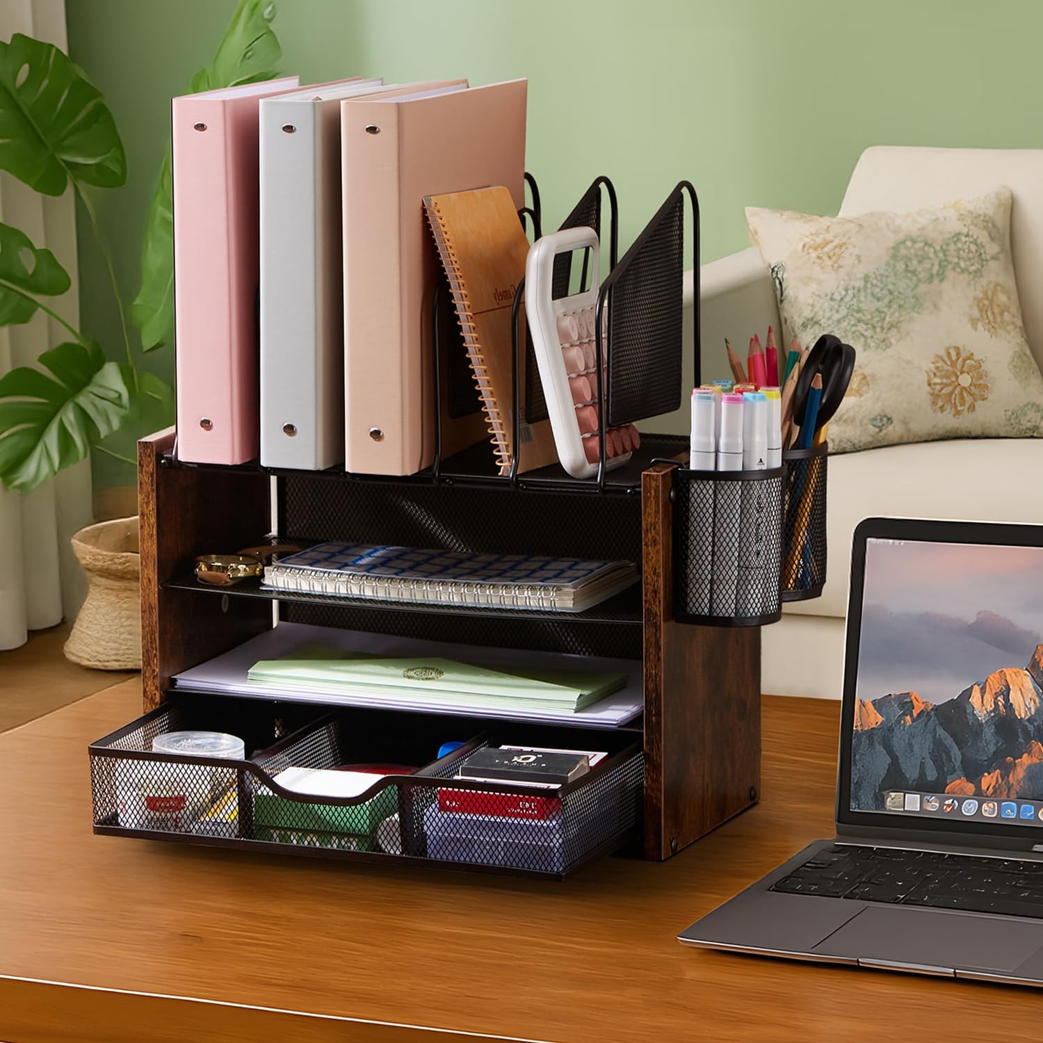 Y YOMA Wooden Desk Organizer, 4-Tier Mesh Organizer with Brown, Black