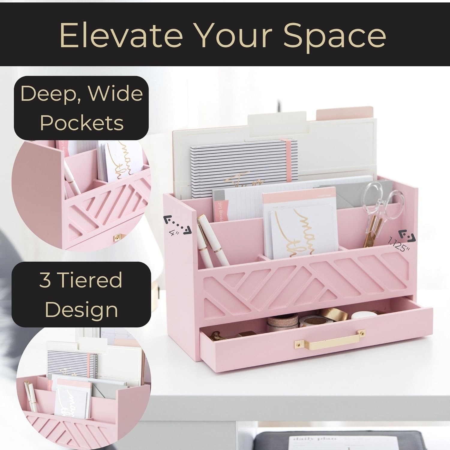 Pink Desk Organizers Wooden Mail Organizer with Drawer | Mail Sorter Organizer