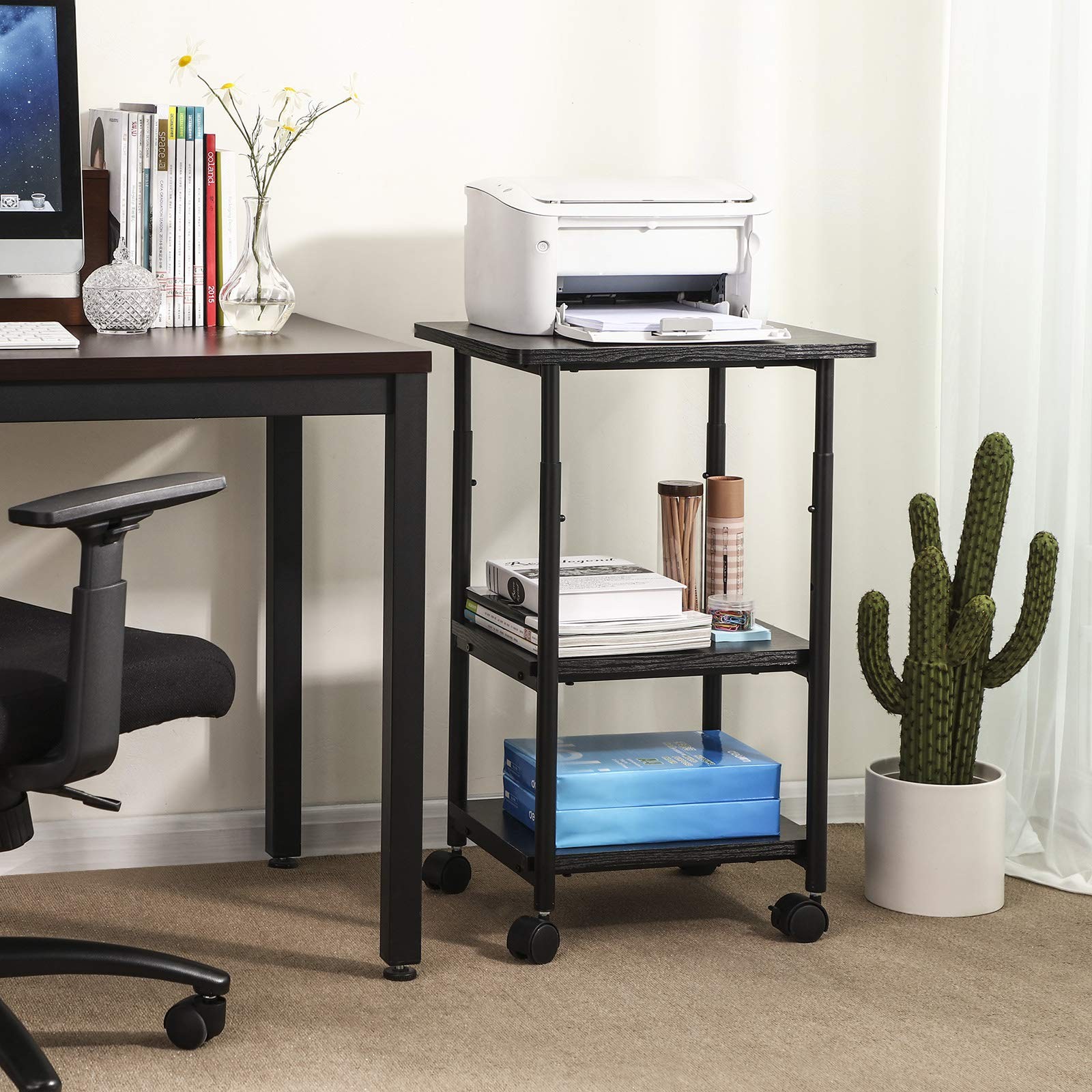VASAGLE Heavy-Duty Printer Stand with Locking Wheels, 3-Tier, Ebony Black