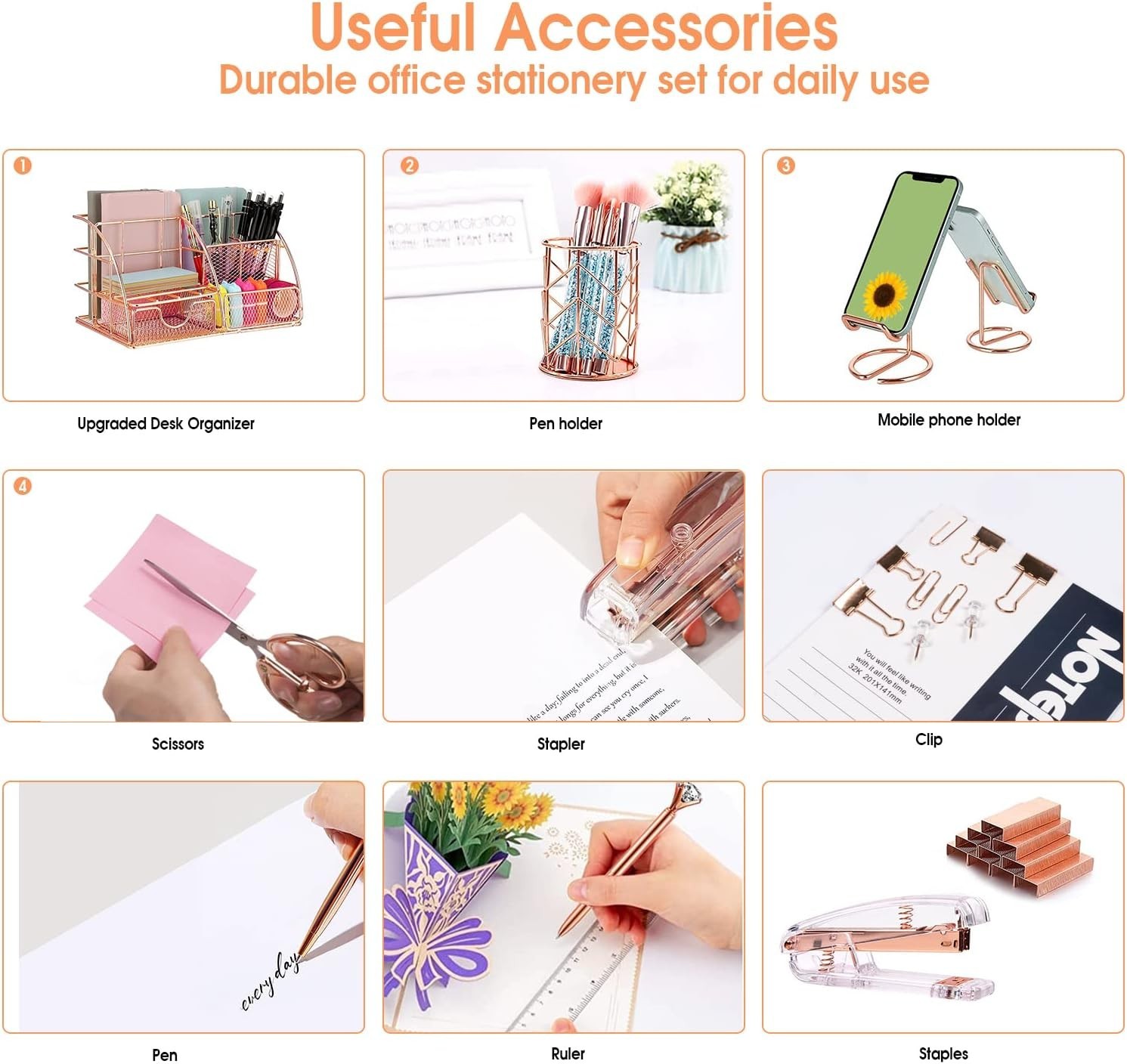 Elegant Rose Gold Desk Accessories Set: Includes Stapler, Clips & More