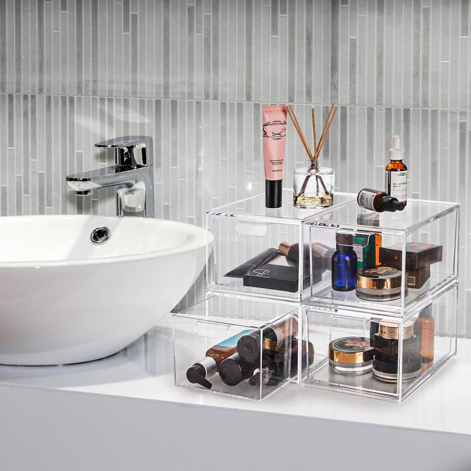Foraineam 4 Pack Stackable Storage Containers Makeup Organizer Drawers, Clear