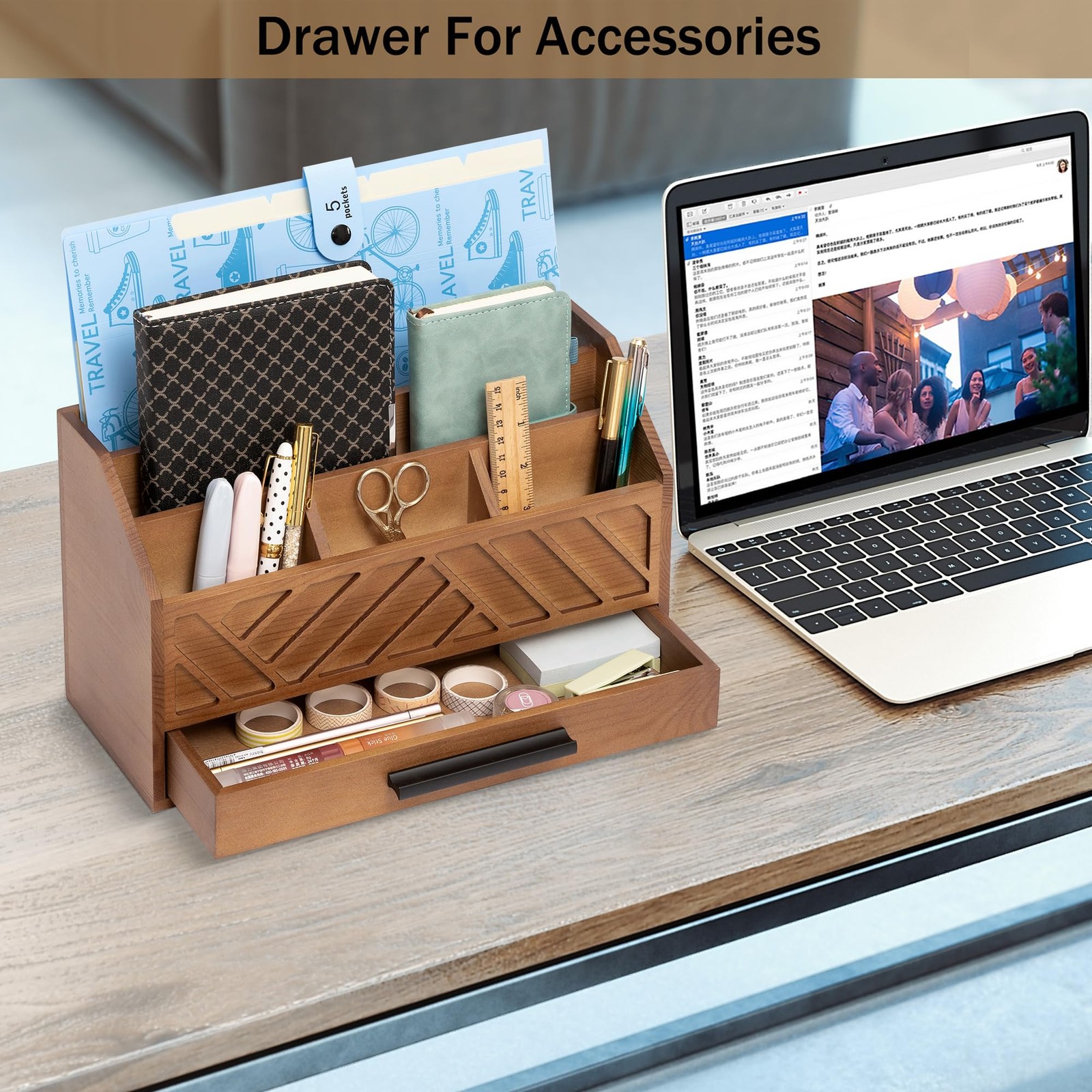 dreampossible Brown Wood Desk Organizer and Accessories with Drawer, A