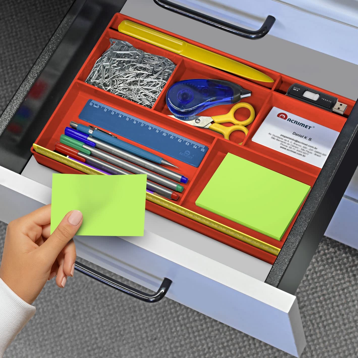 8 Compartment Plastic Desk Drawer Organizer Tray 12.75x8x1.06 Inch Red Color