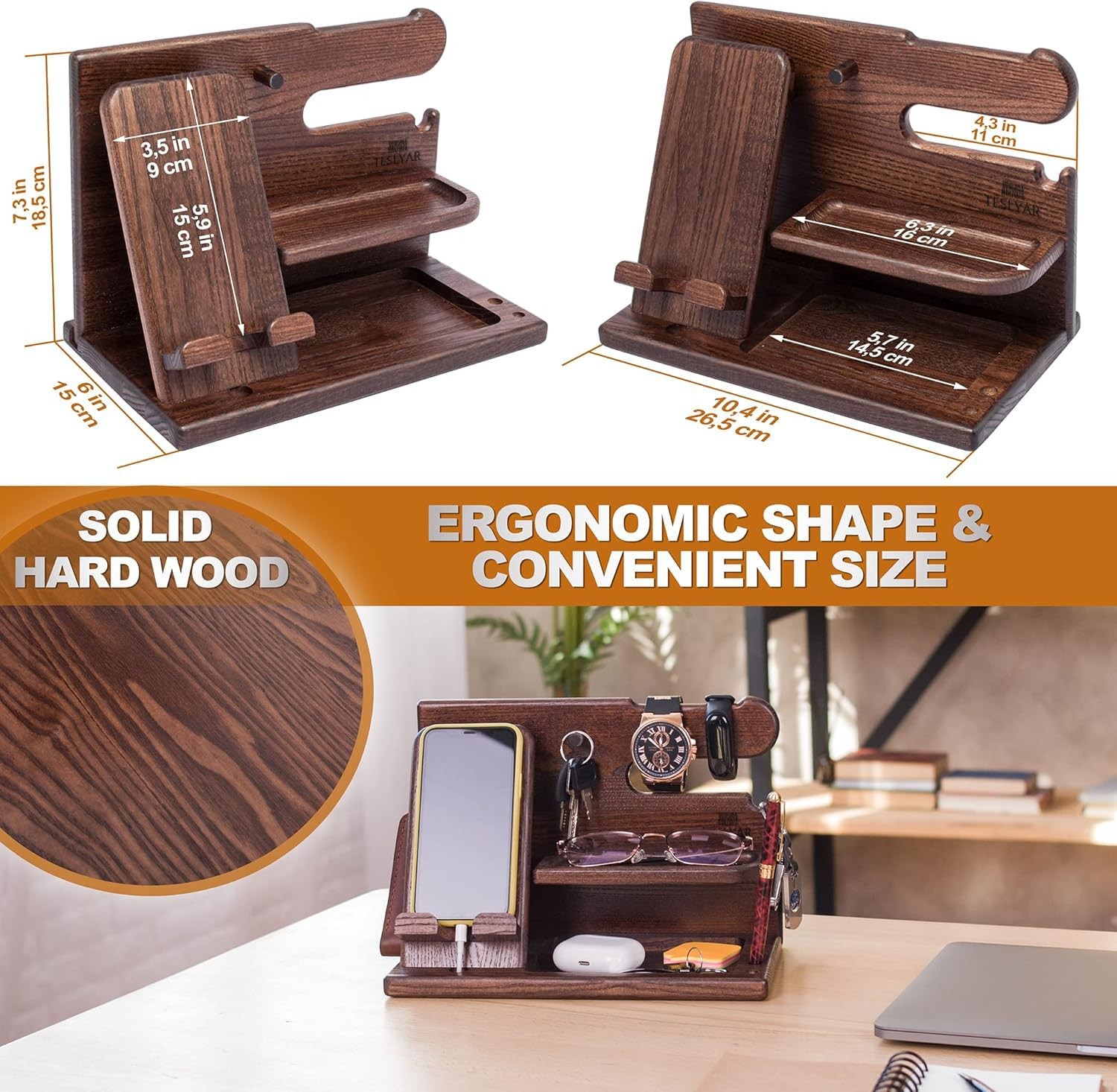 TESLYAR Wood Phone Docking Station for Men – Desk or Nightstand Bourbon Brown