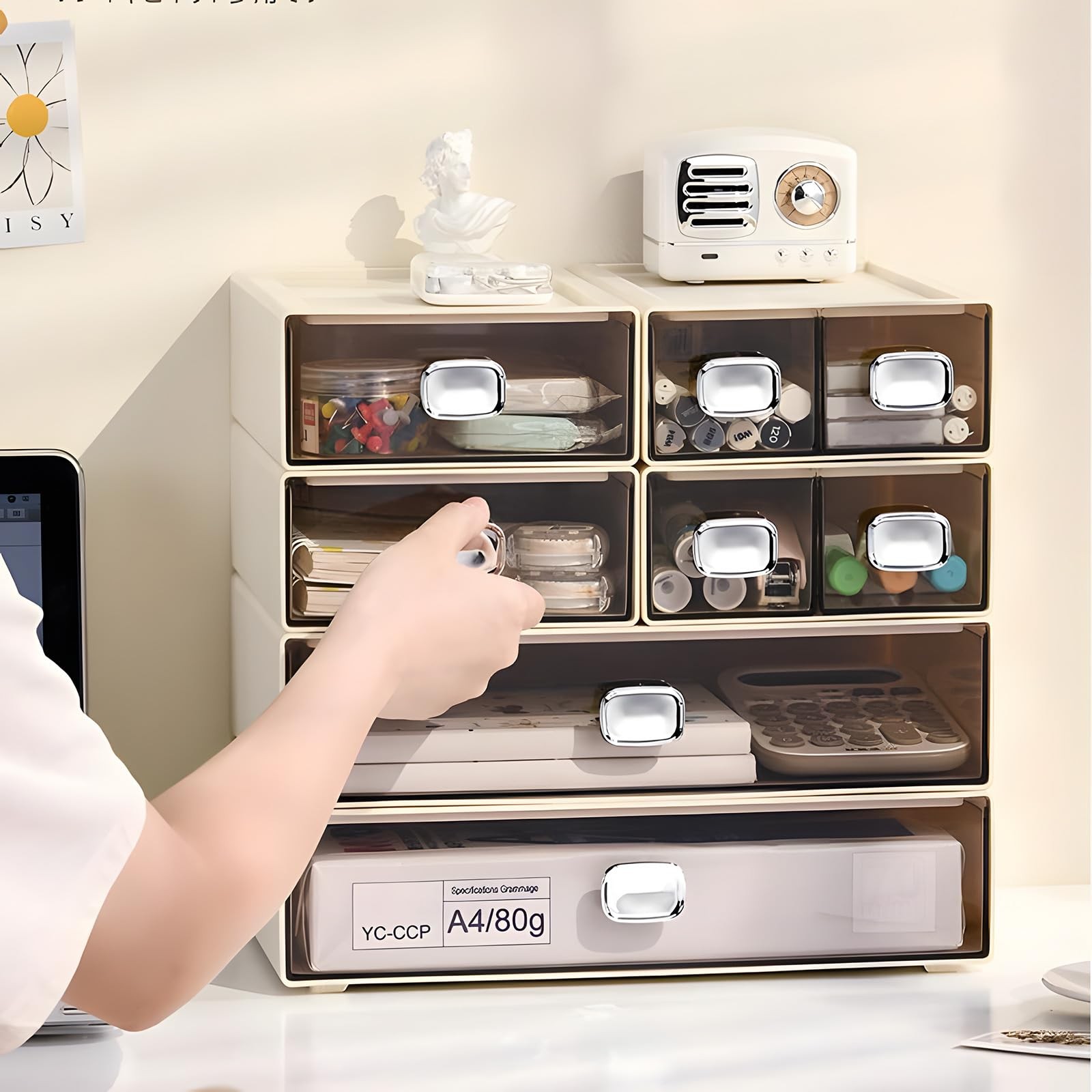 OSteed Spacious Desktop Storage Box, 1 Large 1 Drawer, Cream