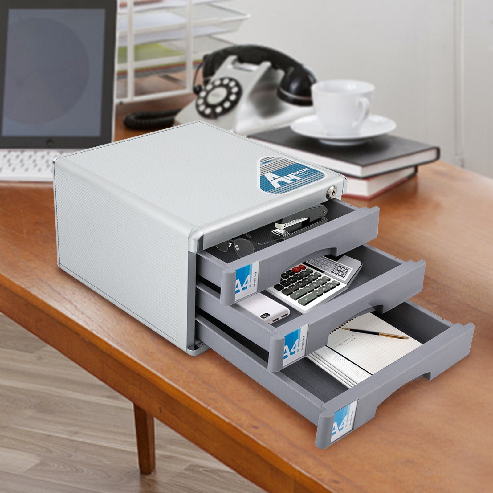 File Box Storage Filing Desk Organizer Locking File Cabinet 3 Drawers for Office