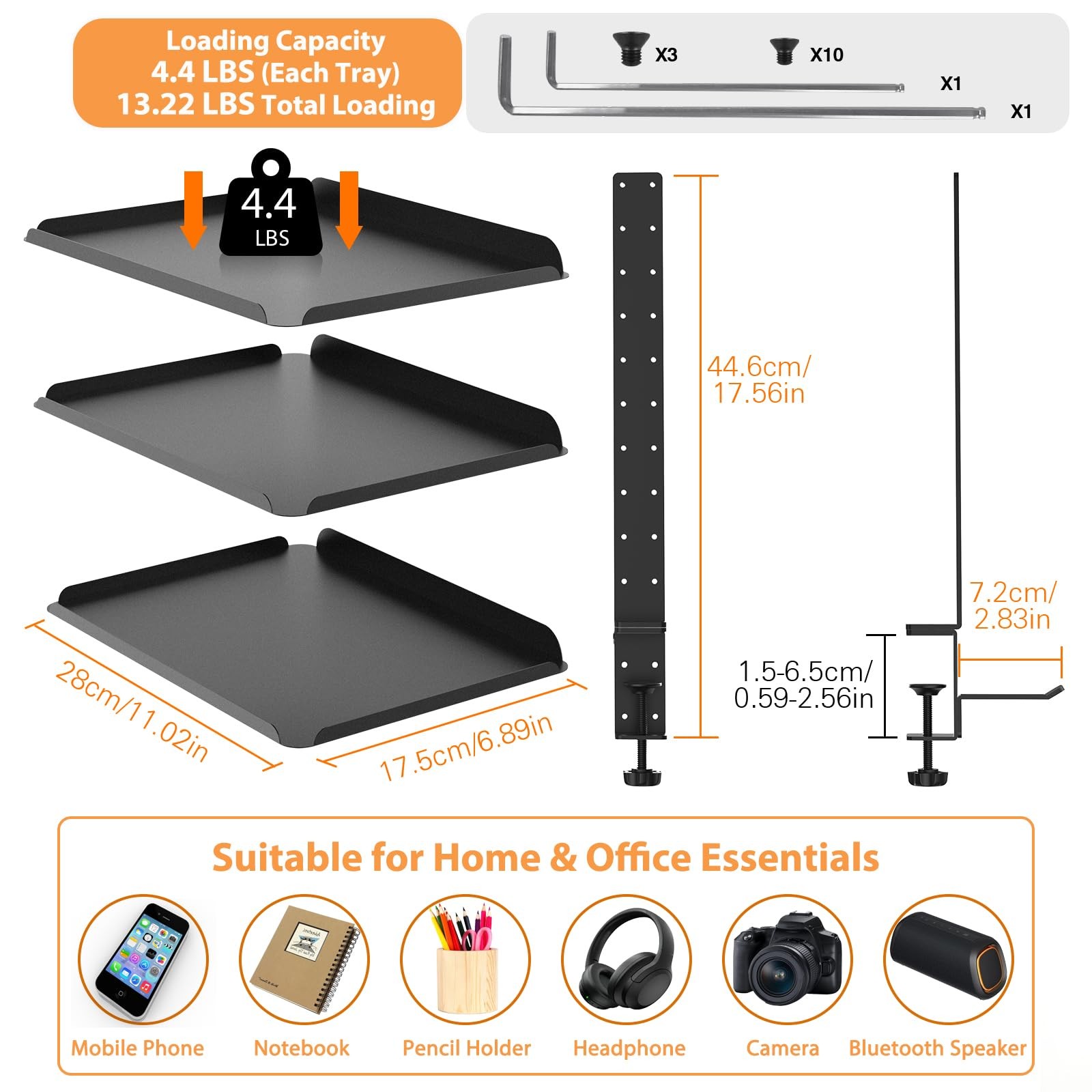 ROLIZOE 3 Tier Clamp On Desk Shelf, No 17.56 x 11.02 x 6.89 inches, Black