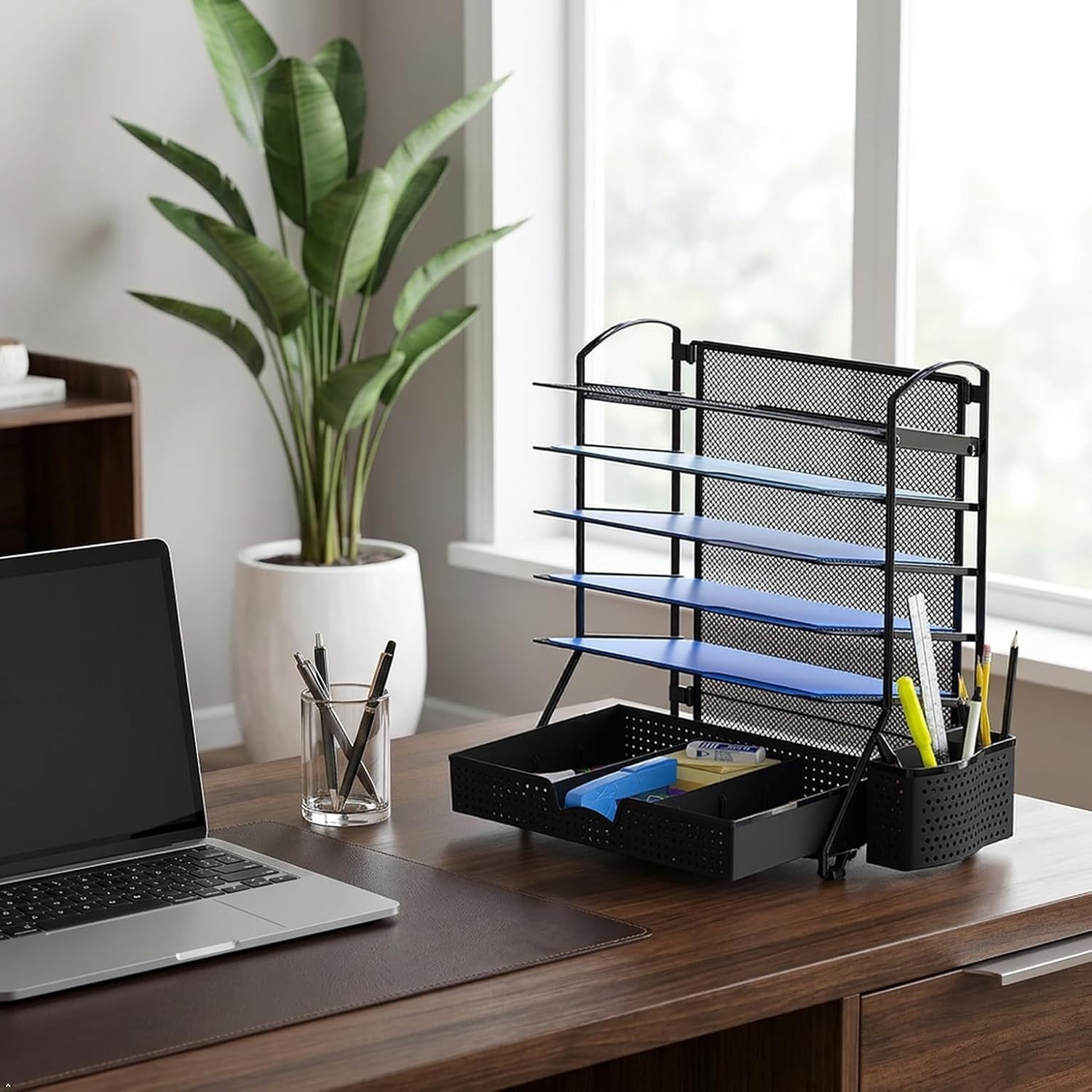 6-Tier Desk Document File Tray Organizer with Supplies Sliding Drawer, Black