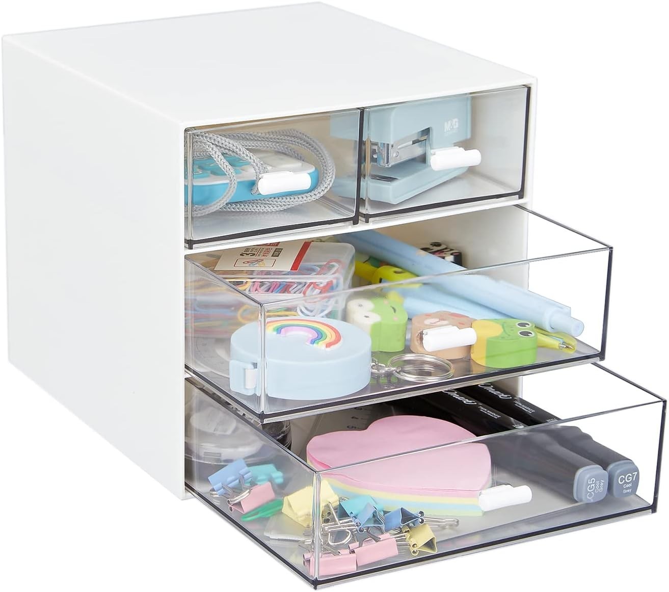 Desk Organizer with 4 Drawers, Clear Plastic Desk Storage Box, White-4 Draws