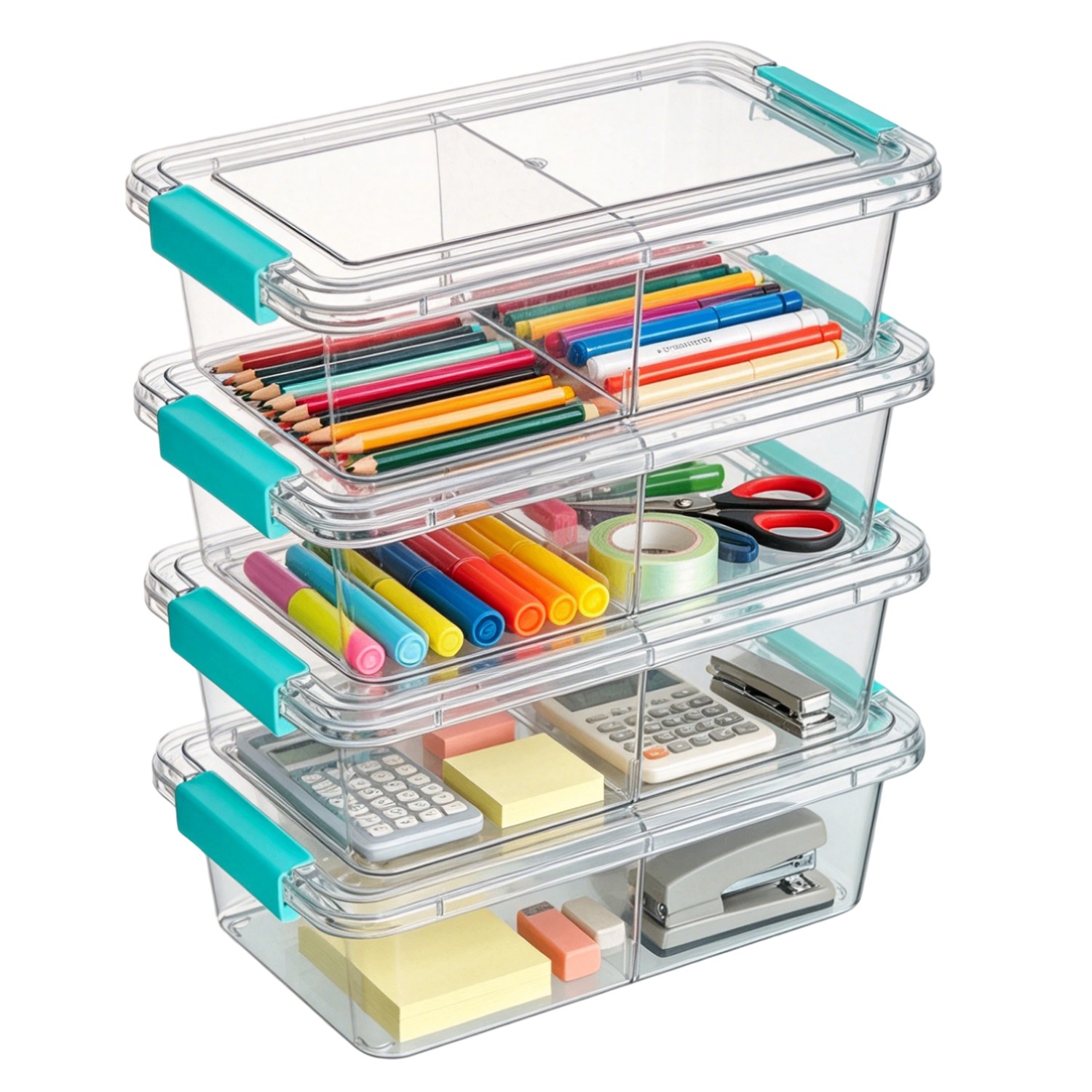 4 Pack 1.5Qt Clear Pencil Box, Plastic Pencil Holder with Removable Divider