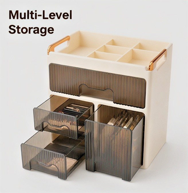 Beige Plastic Desktop Organizer w/ Easy Access Drawers + Divided Top Compartment