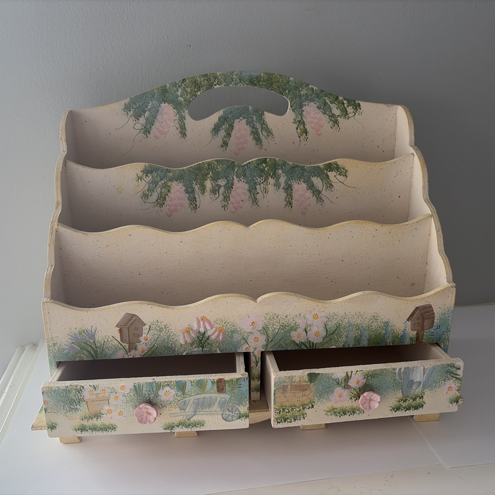 Cottage core Handpainted garden floral Wood Desk Caddy 10 X 5.25 x 8.5″
