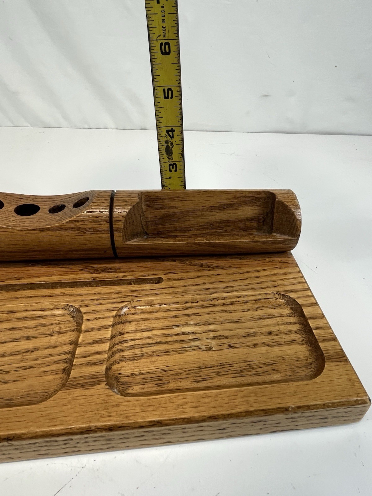 Wooden Desk Organizer 14″ x 8″ Oak Heavy MCM Business Cards Pencils Notes