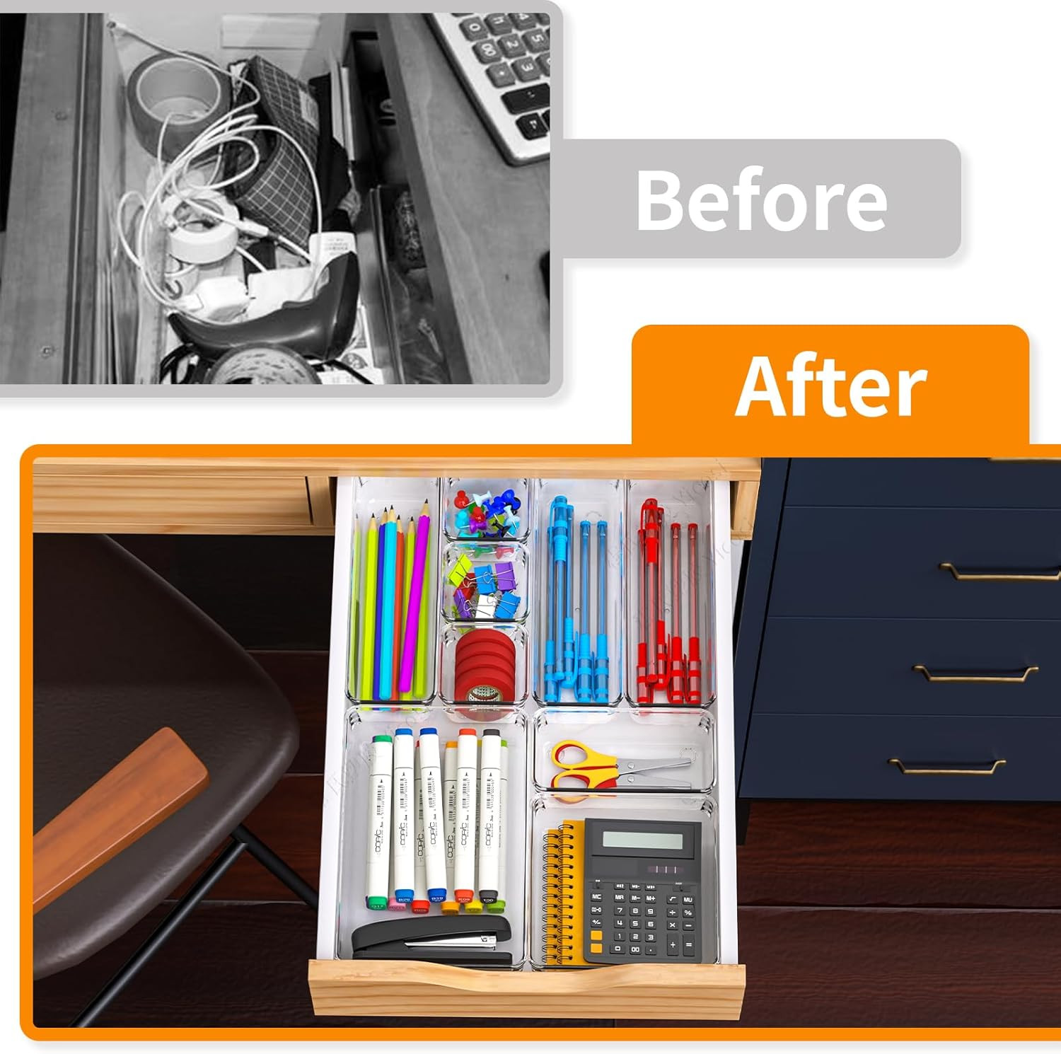 25Pc Clear Plastic Drawer Organizer Set 4 Sizes for Kitchen Office Bathroom