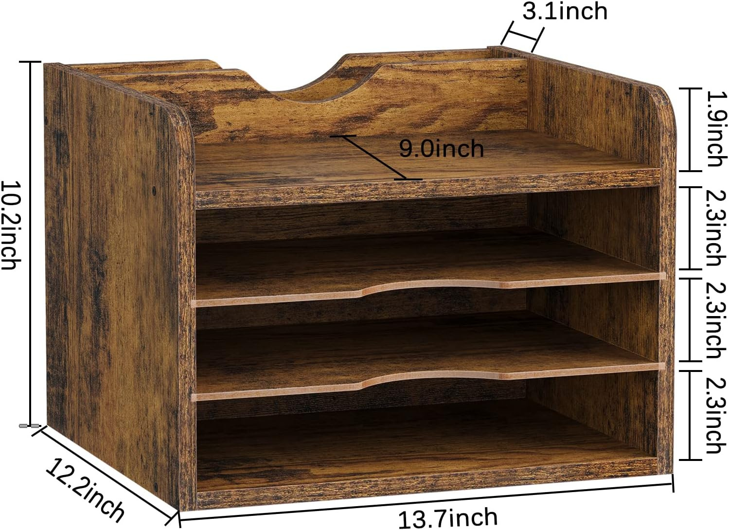 Vintage Wood File Organizer Desktop, 13.7‘’ Document Letter Mail Tray Sorter wit