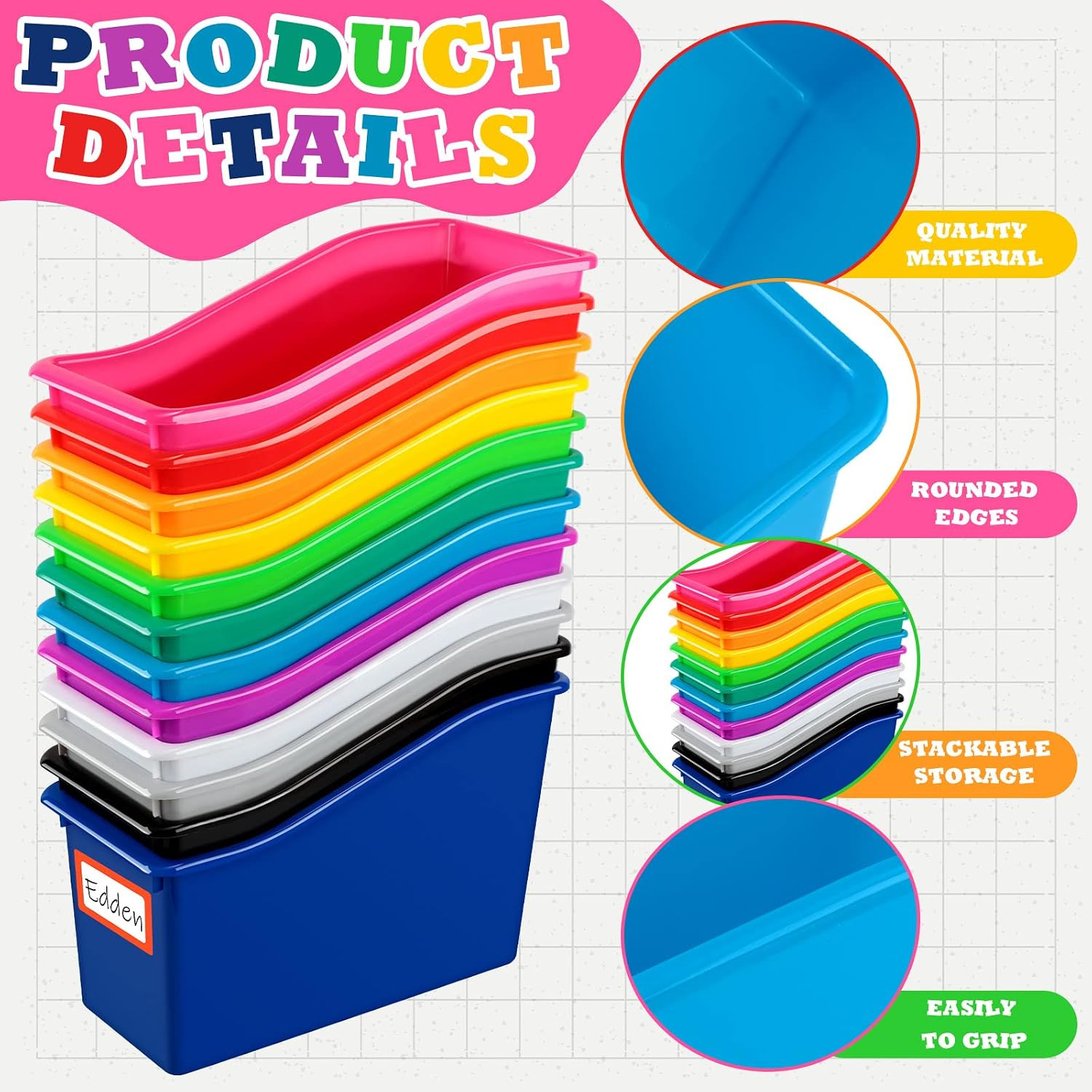 Jinei 24 Pack Multicolor Book Bins for Classroom Decor Bulk Plastic Bins with Na