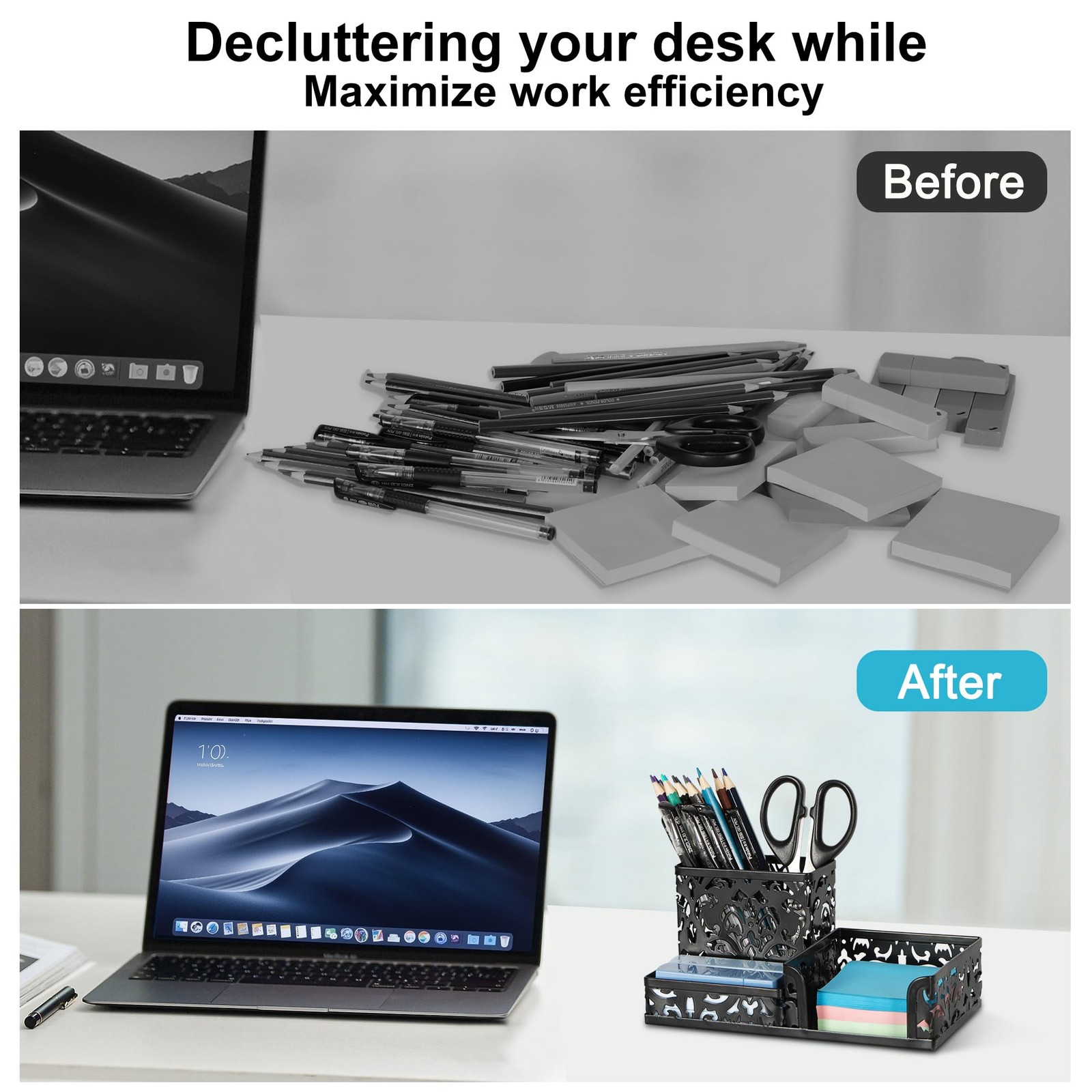 Desk Organizer with 3 Compartments for Pens Sticky Notes Office Supplies