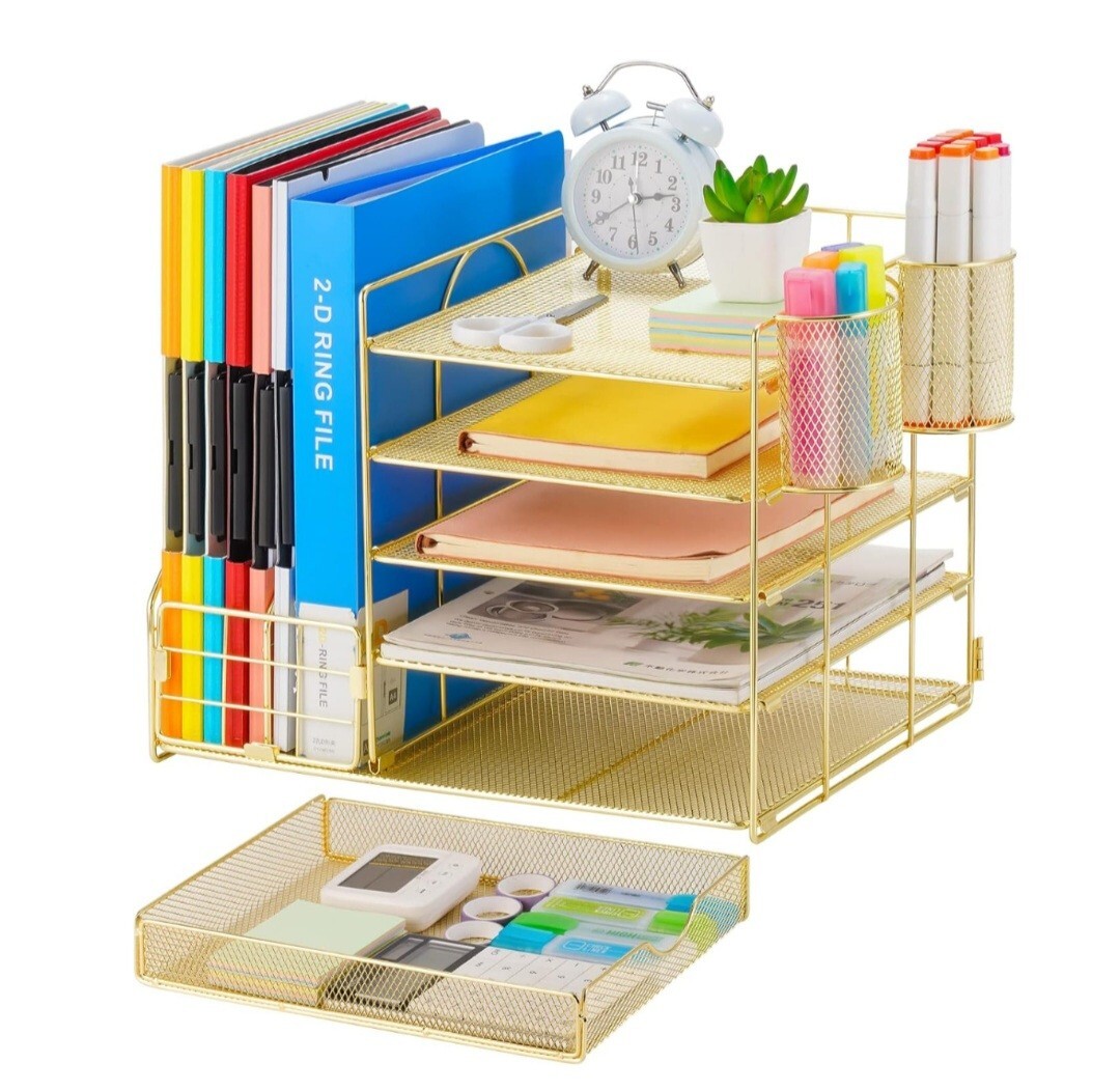 Marbrasse Rose Gold Desk Organizer with File Holder, 5-Tier Paper Letter Tray…