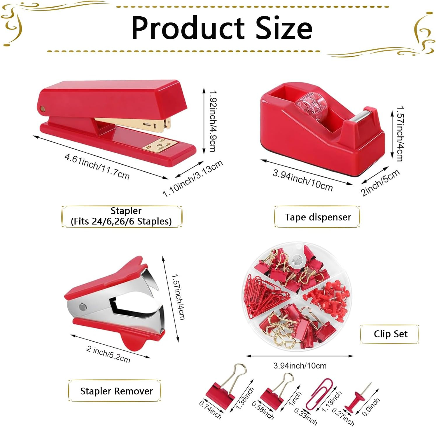 Office Supplies,Red Desk Accessories,Stapler and Tape Dispenser Set with Stapler