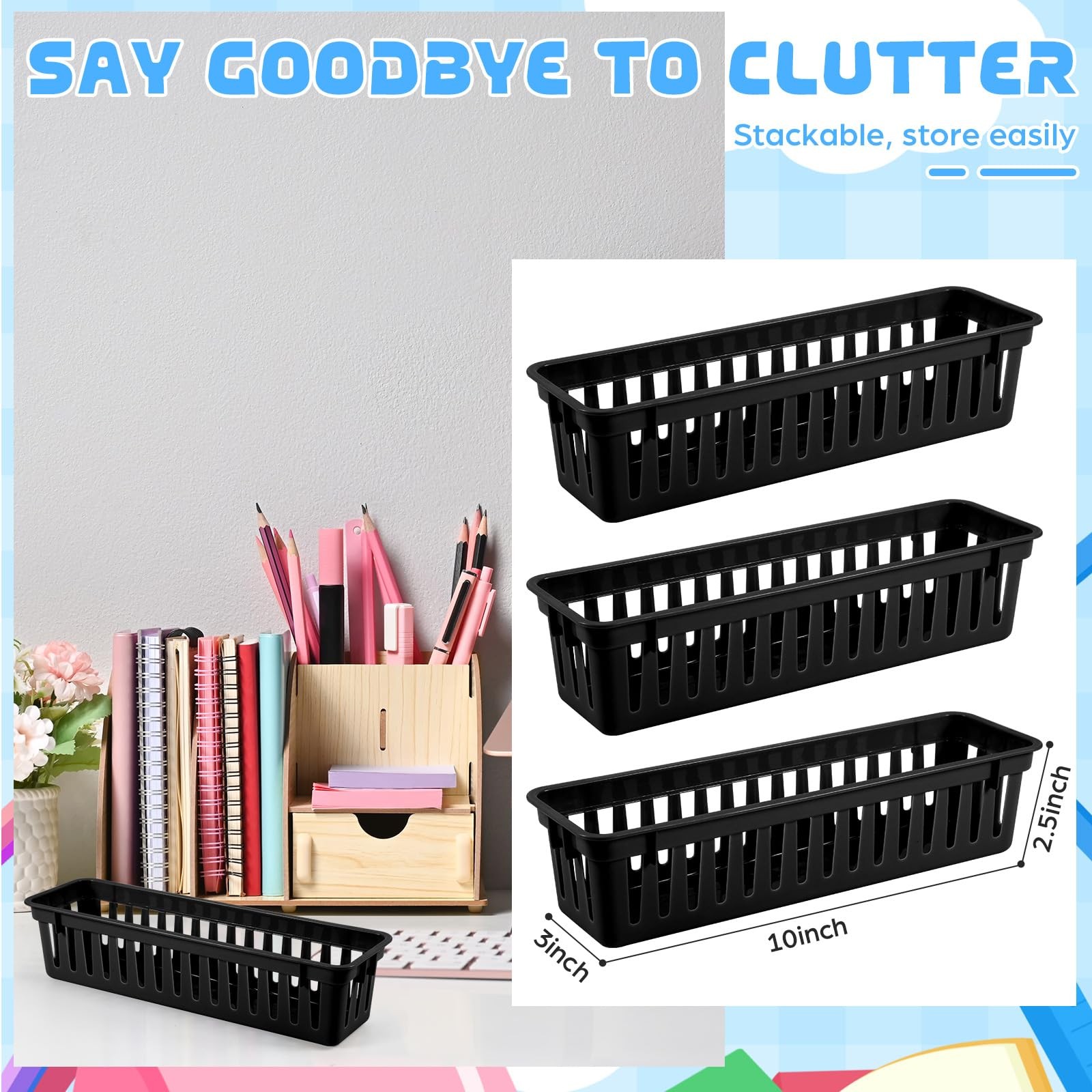 12 Pcs Black Slim Plastic Storage Baskets Tray 10 x 3 x 2.5 Inch Compact Stac…