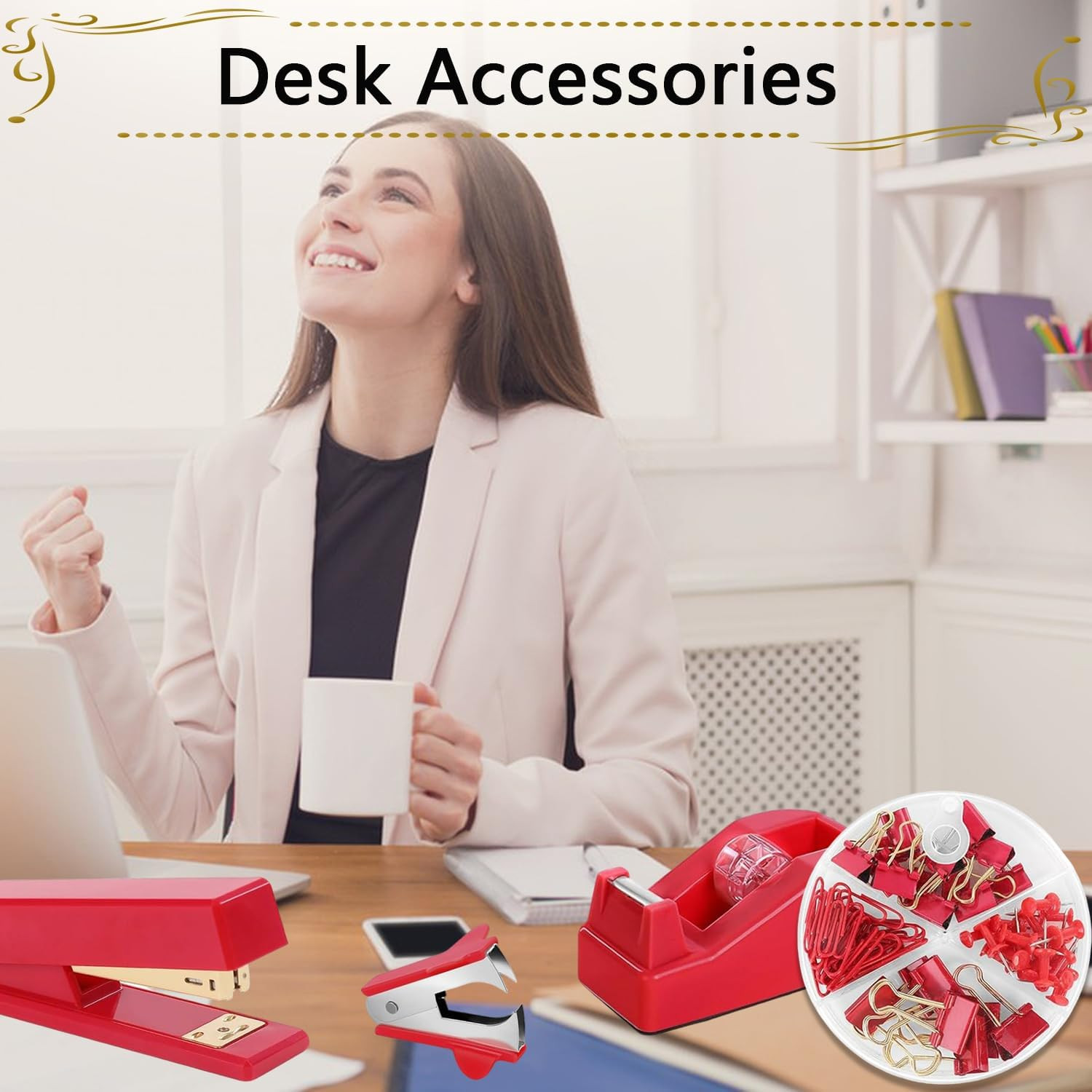 Office Supplies,Red Desk Accessories,Stapler and Tape Dispenser Set with Stapler