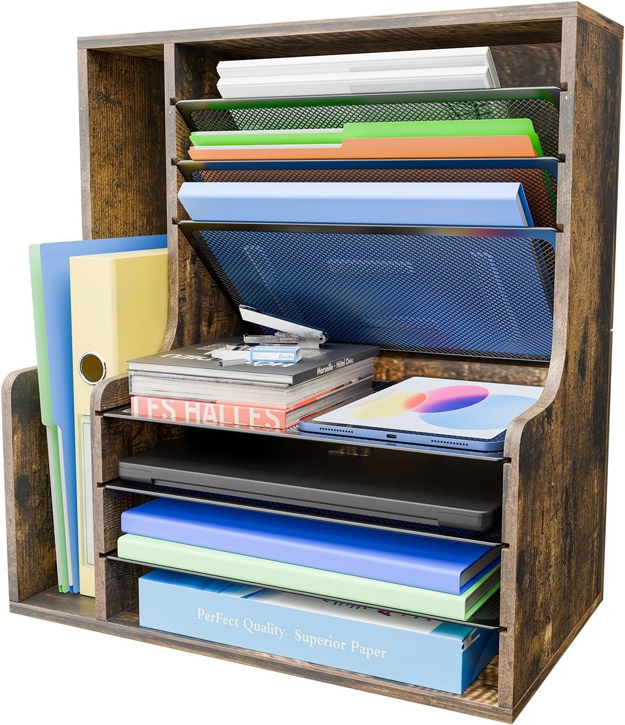 Elegant 7-Tier Wooden Desk File Organizer: Adjustable & Space-Saving Solution