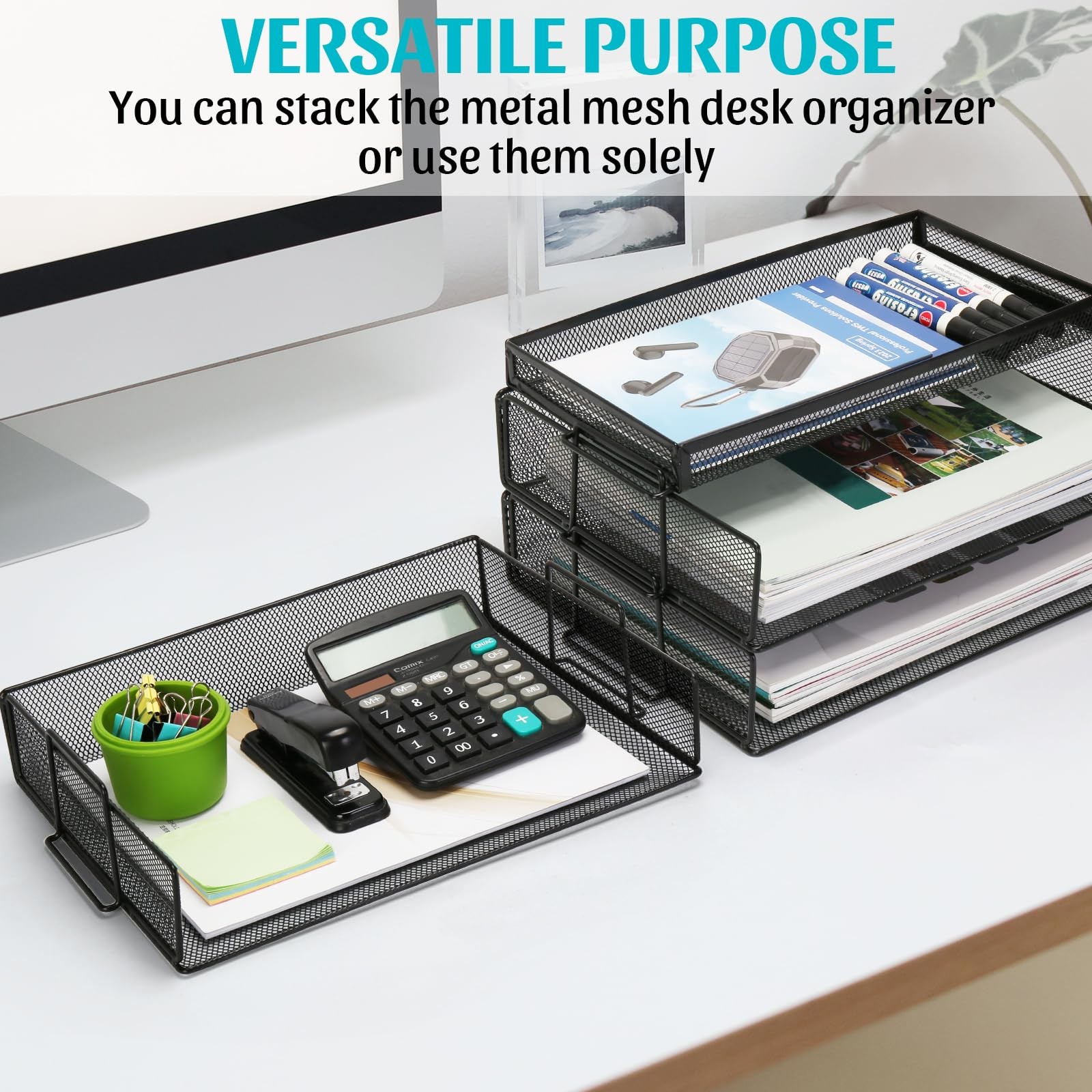 OUTFANDIA Office Drawer Organizer, 2 Tiers Stackable Paper Tray Black
