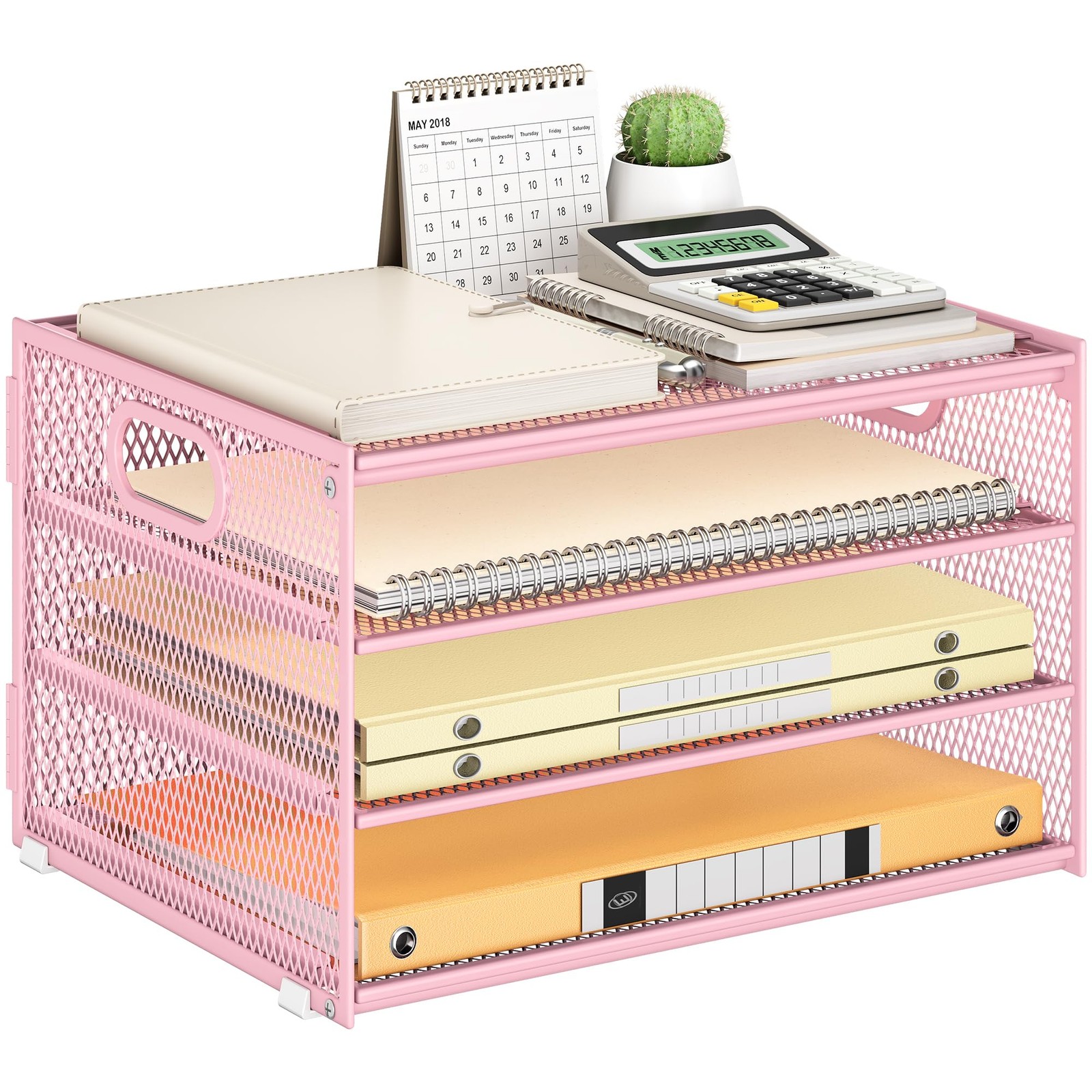 Paper Letter Tray Organizer Desk Pink Metal Mesh File Sorter 2 Sliding Trays