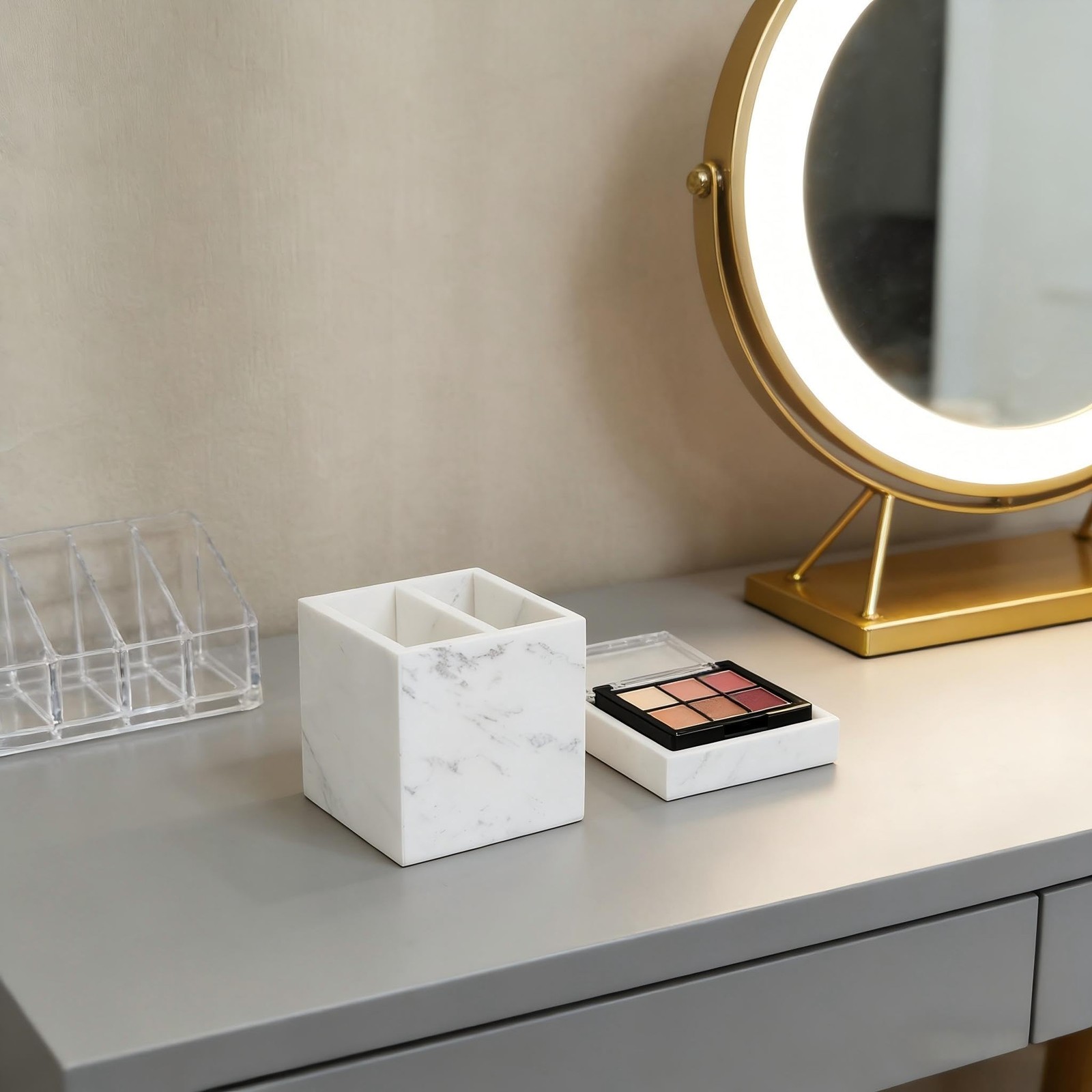 SIRIZEN-DIVING Marble Pen Holder, White Stone, Rectangular Desktop Organizer for