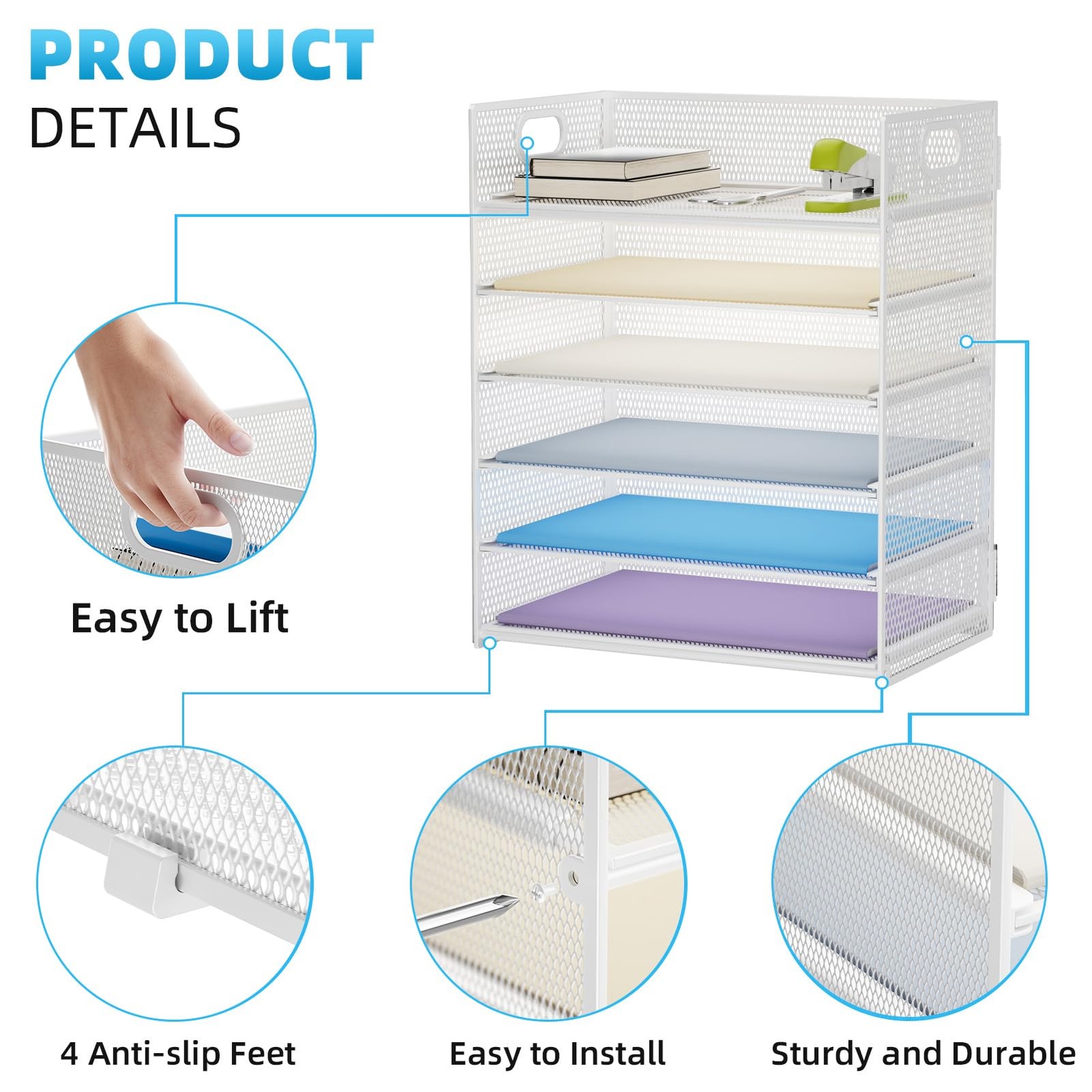 Marbrasse 2 Pack 6~Tier Mesh Desk Organizer with Handle, White