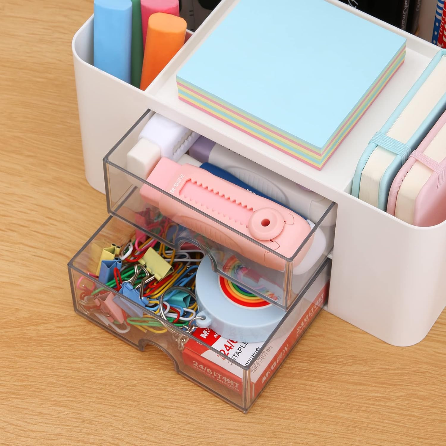 Desk Organizer with 2 Drawer, Plastic Desktop Pen Pencil Card Holder Storage Box