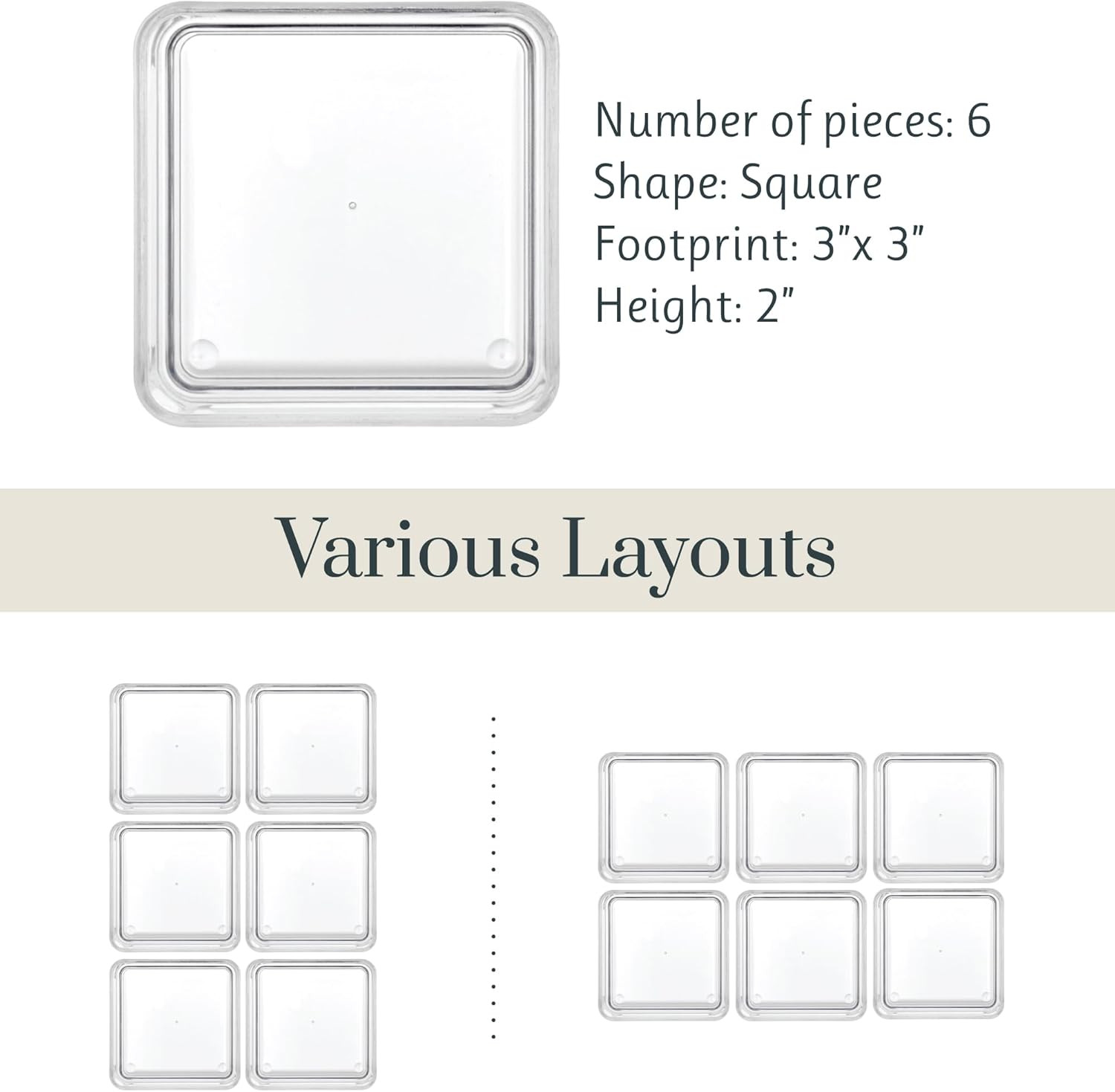 6-Piece Clear Stackable Drawer Organizer Set 3″ x 3″ x 2″ Square Trays