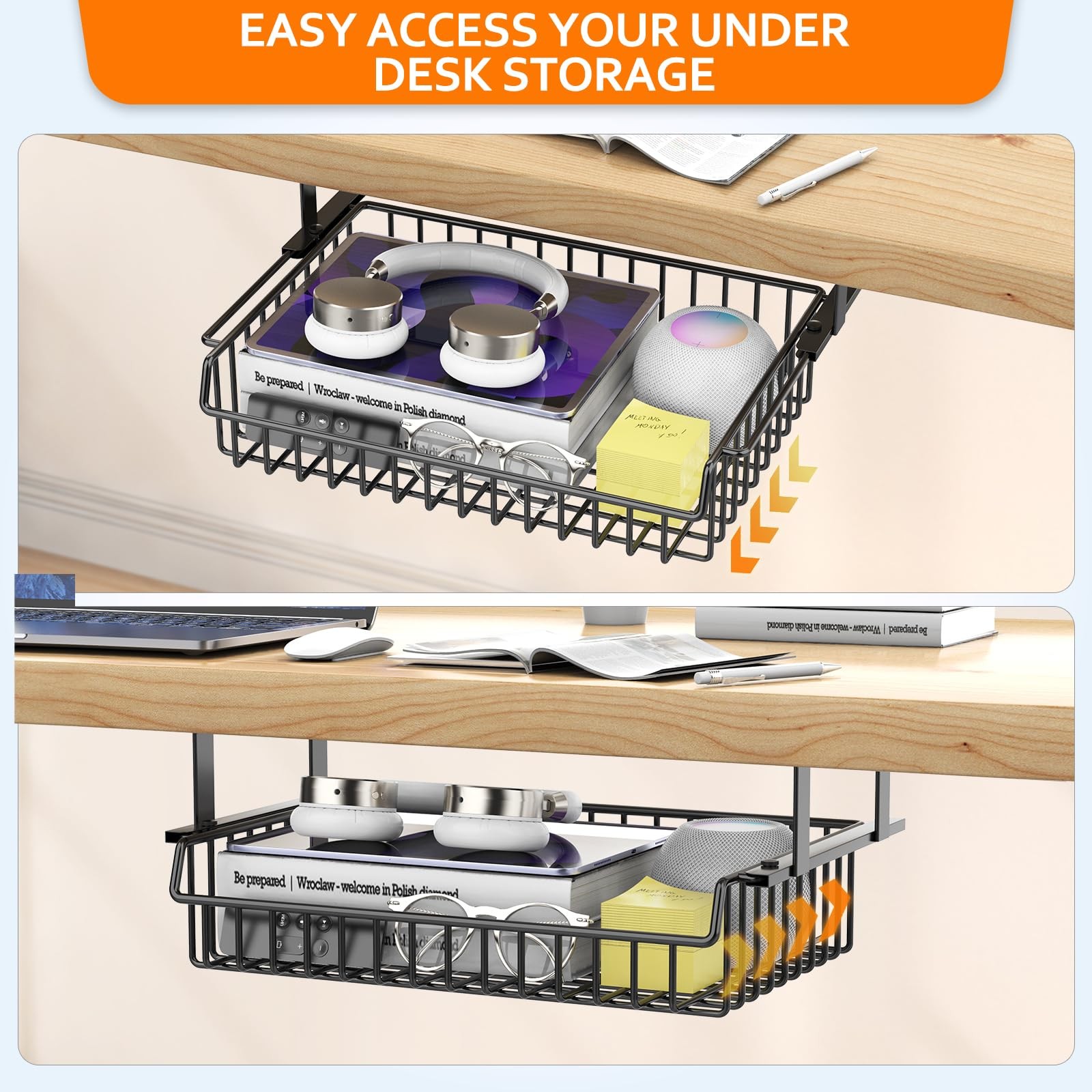 Under Desk Drawer, Slide Out Design,No Drill Metal Under Desk Cable Managemen…