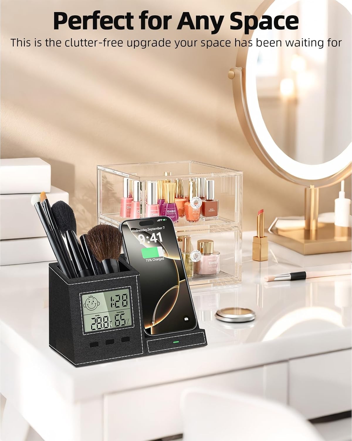 Multifunctional Pen Holder and Organizer for Desk with Wireless Charger, Digital
