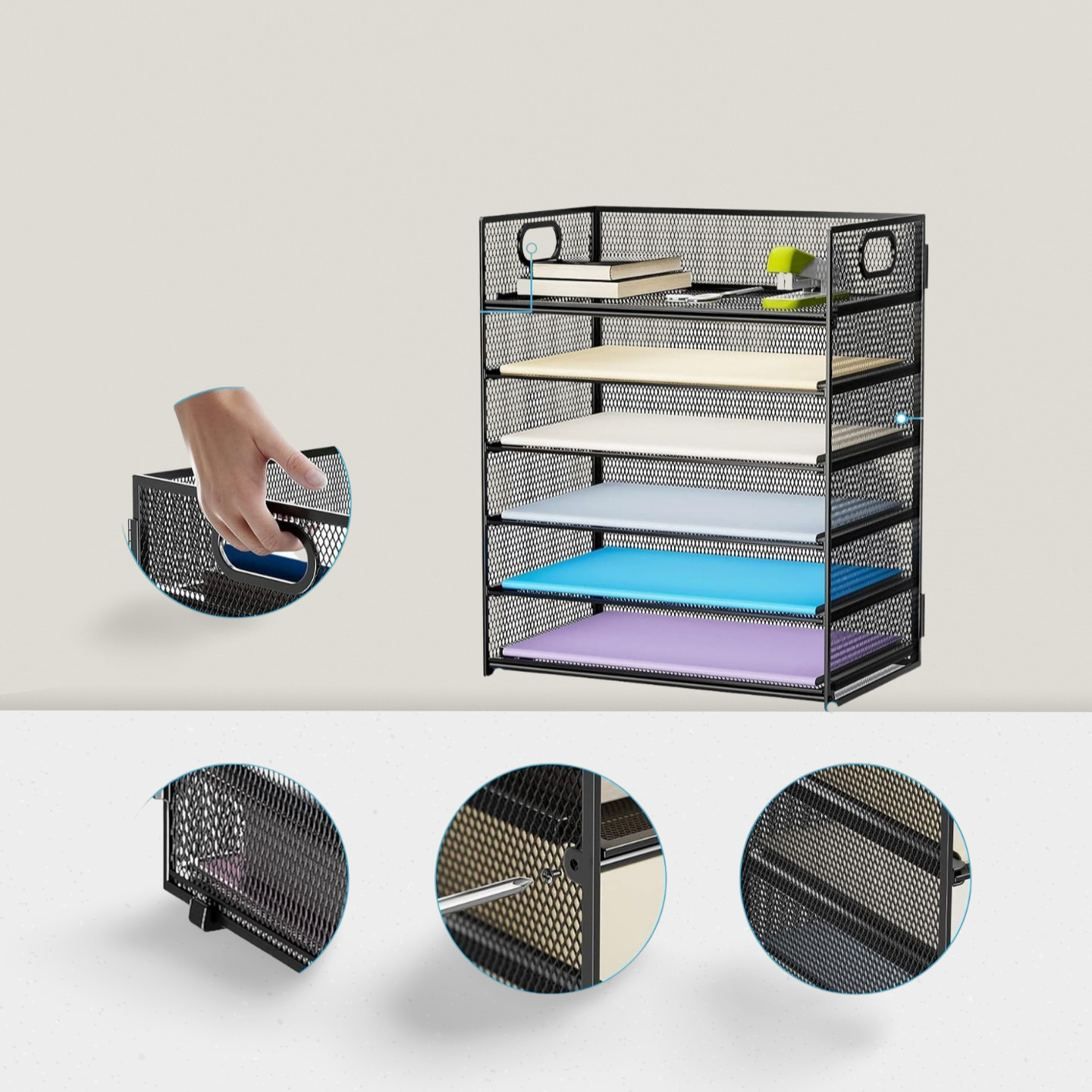 6-Tier Paper Organizer Mesh Desk File Tray with Handle Black