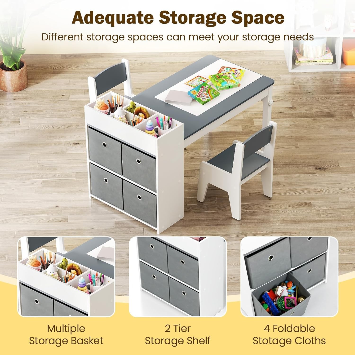 Kids Art Table and Chair Set, Toddler Craft Play Wood Activity Desk