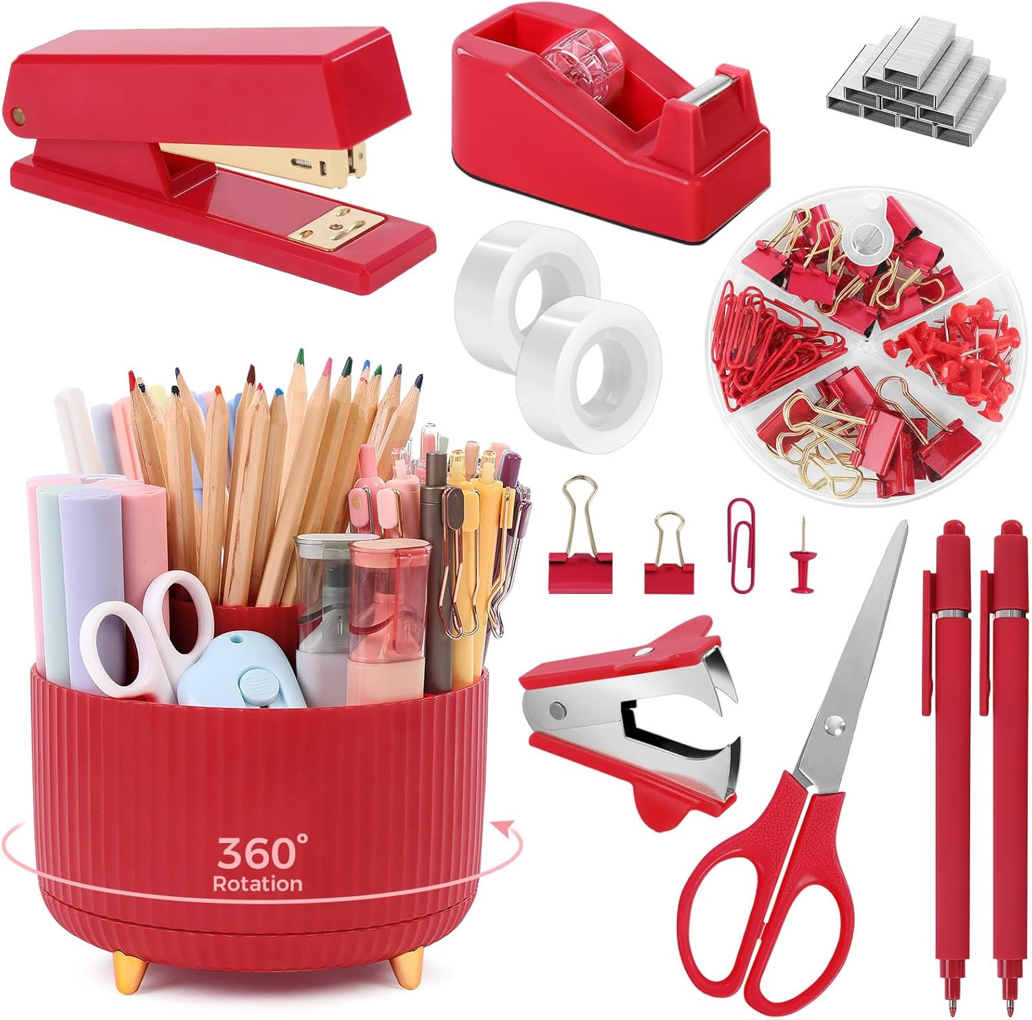 Red Office Supplies Set, Pencil Holder for Desk, Stapler, Tape Dispenser, Scisso
