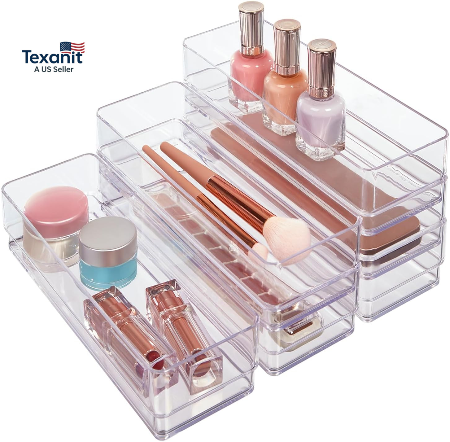 Simplesort 6-Piece Stackable Clear Drawer Organizer Set | 9″ X 3″ X 2″ Rectangle